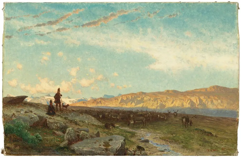 Laponian Landscape with Reindeer and Sami