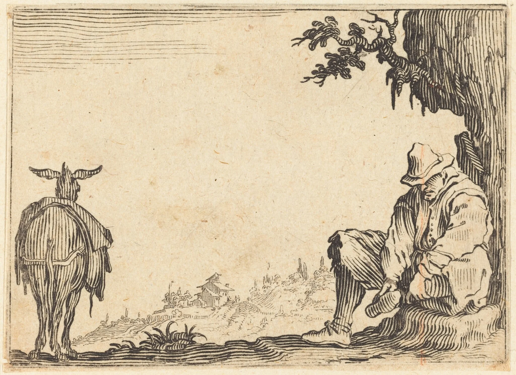 Peasant Removing His Shoe, by Jacques Callot, ink, 1622