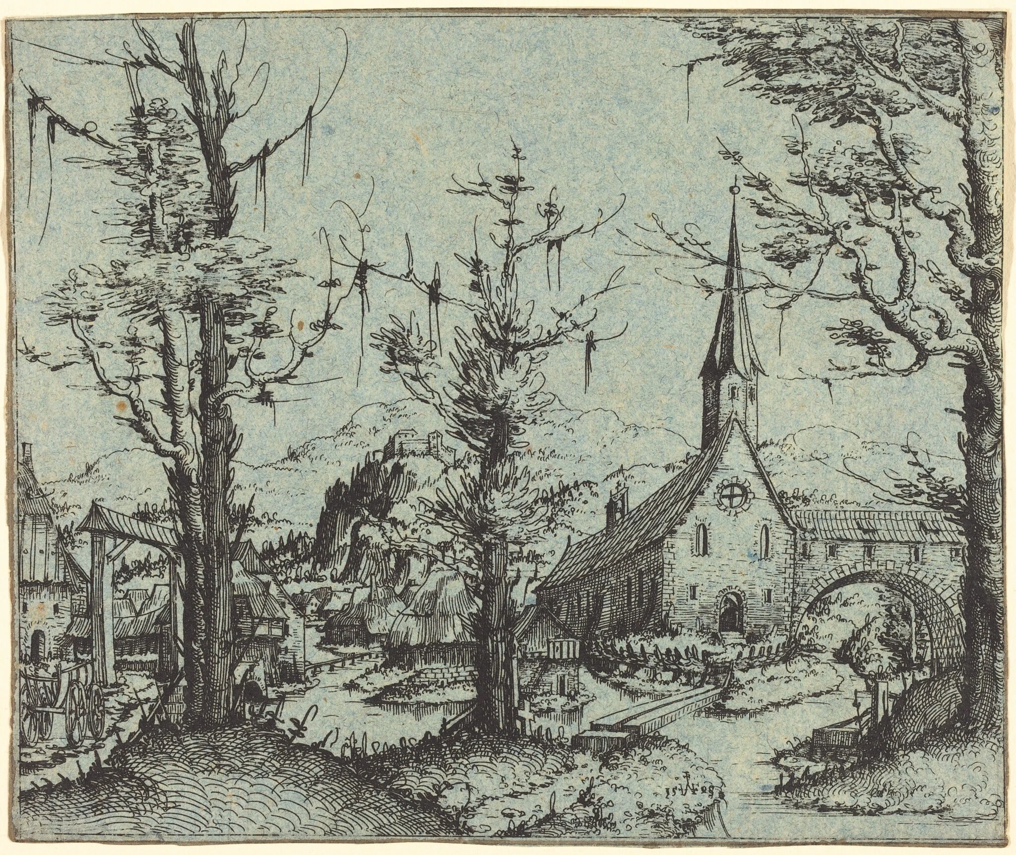 Landscape with a Village Church, by Augustin Hirschvogel, ink, 1545