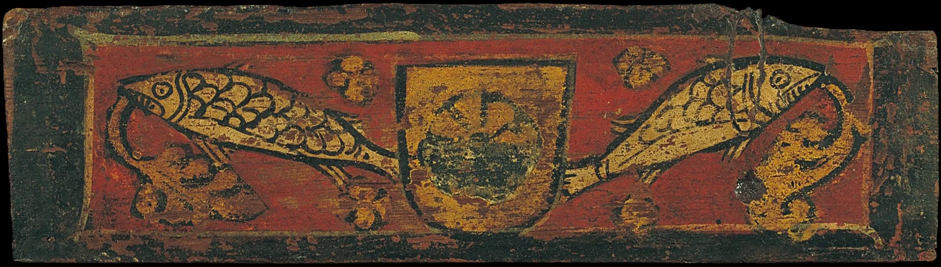 Small coffered ceiling panel with coat of arms and fishes devouring plant motifs, by Unknown, unspecified