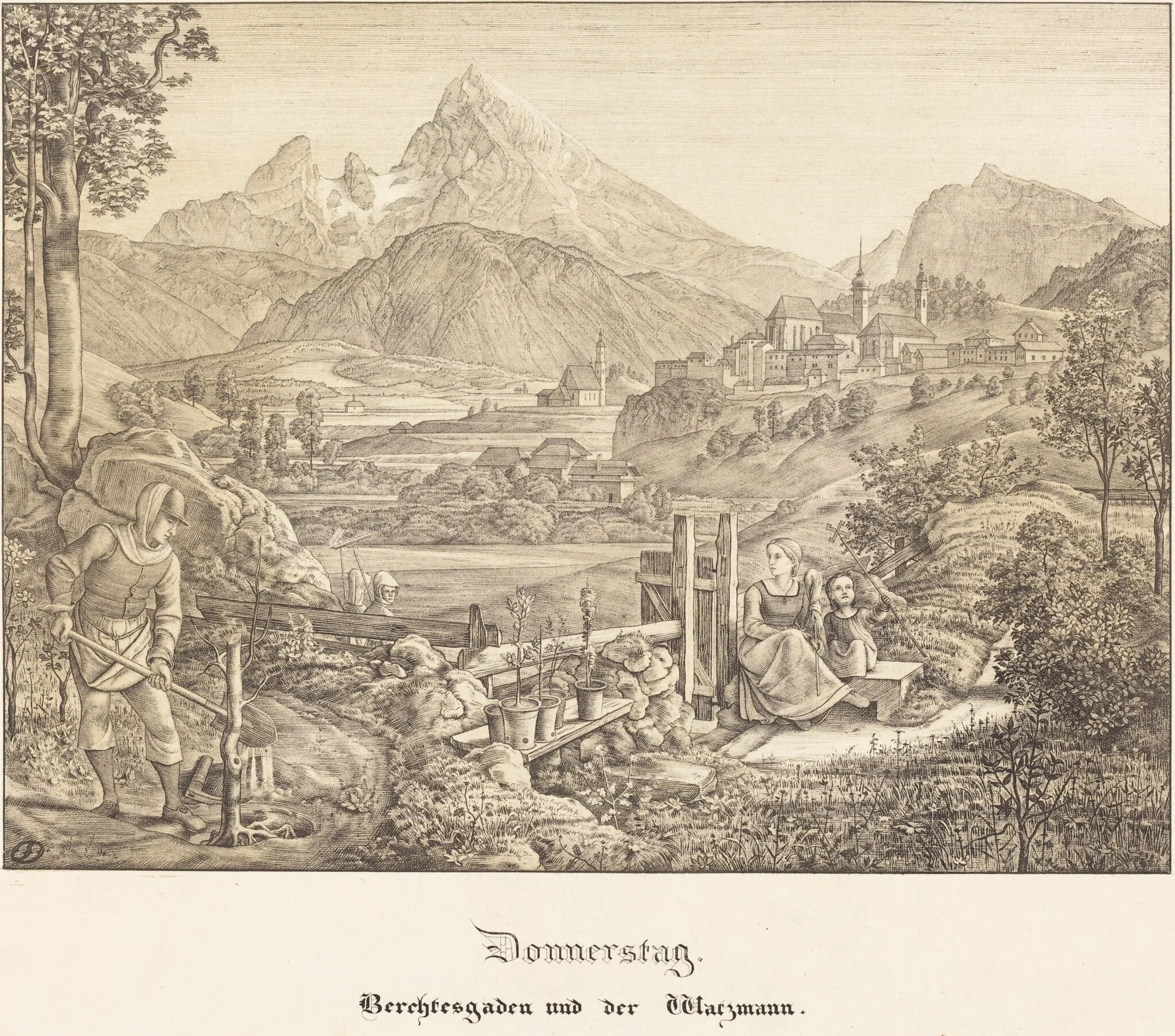 Donnerstag - Berchtesgaden und der Watzmann (Thursday - Berchtesgaden and the Watzmann Mountain), by Ferdinand Olivier, ink, 1823