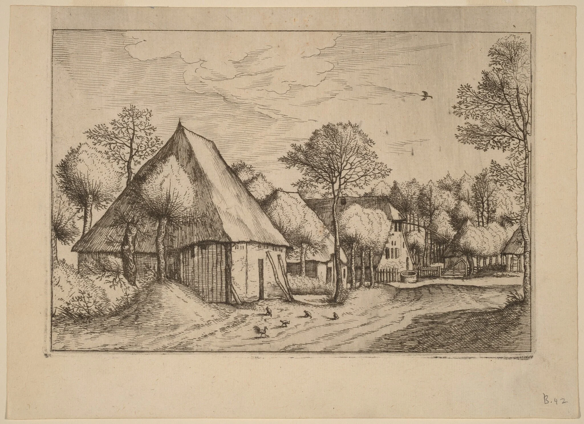 A Farmyard with a Draw Well, by Lucas van Doetechum, ink, 1560