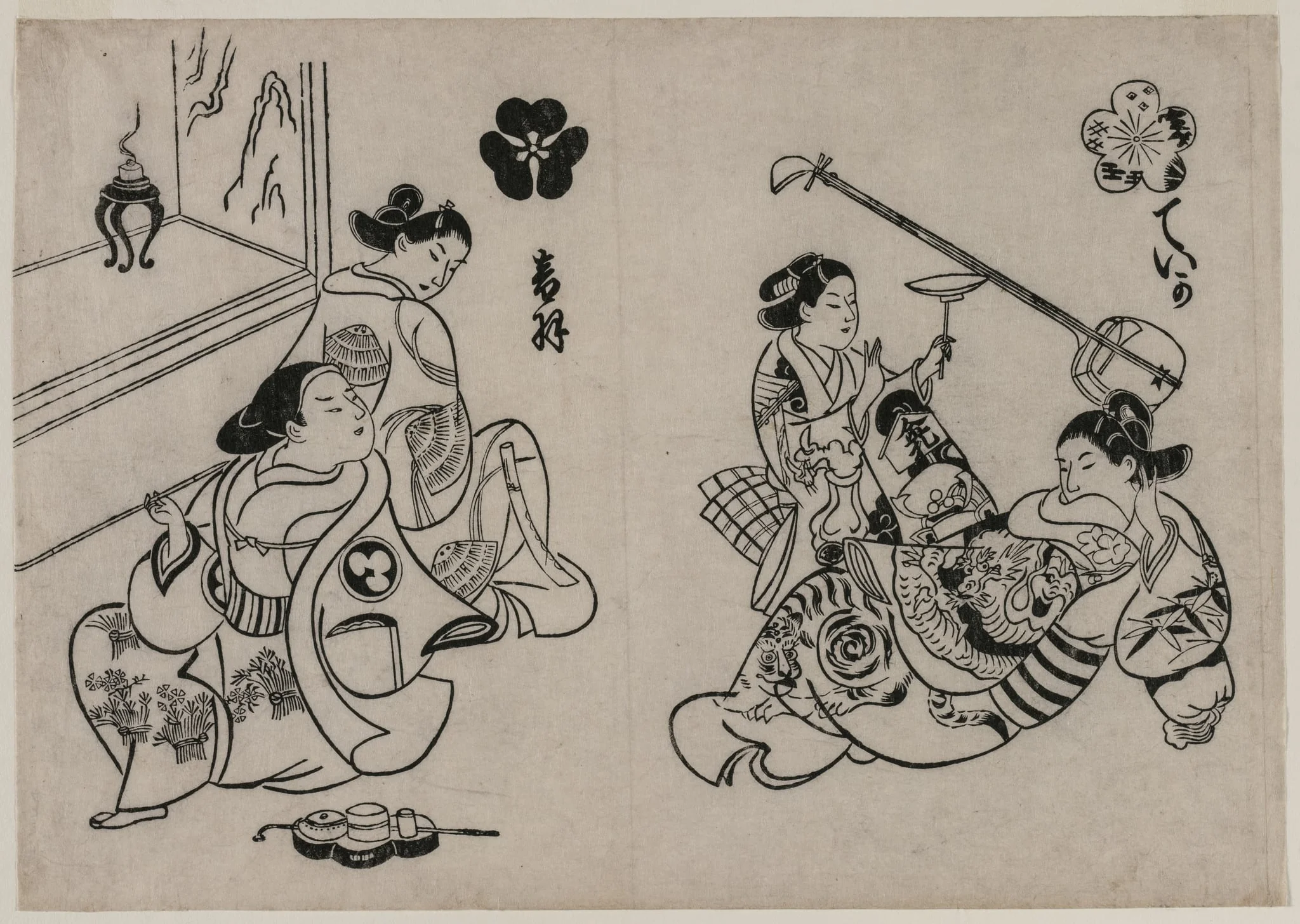 Three Courtesans with a Client, by Okumura Masanobu, 1710