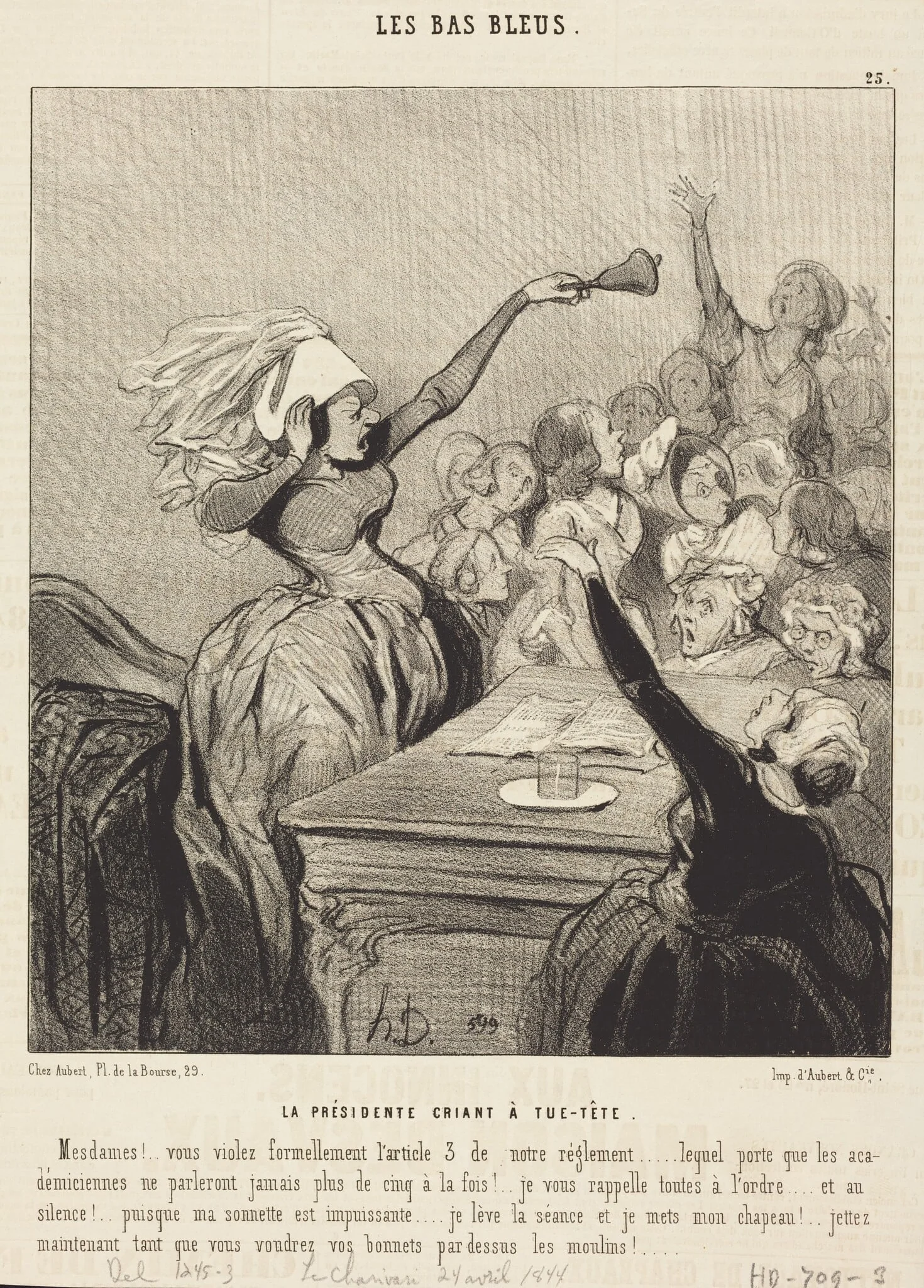 La Présidente criant a tue-tête: Mesdames!..., by Honoré Daumier, ink, 1844