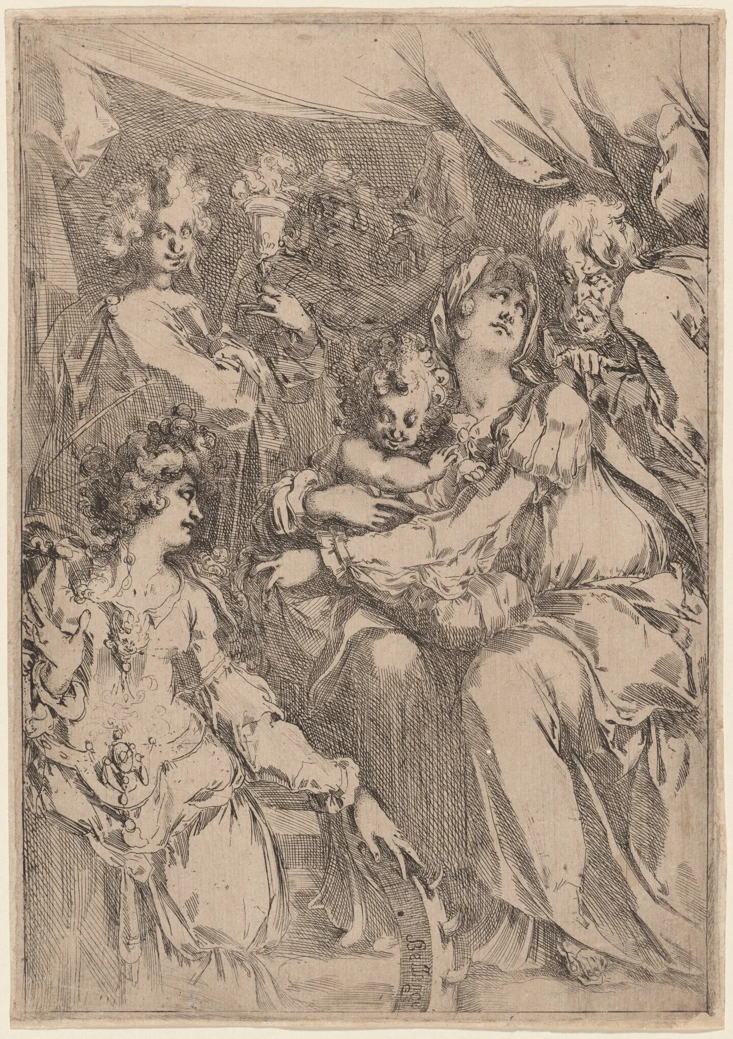 The Holy Family with Saint Catherine, Saint John the Evangelist, and an Angel, by Jacques Bellange, ink, 1614