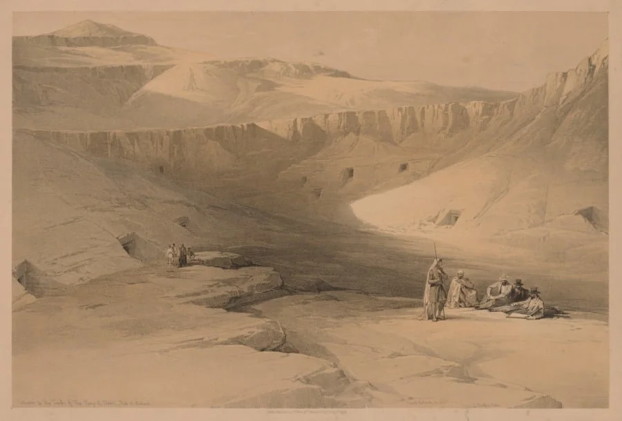Egypt and Nubia:  Volume II - No. 34, Entrance to the Tombs of the Kings of Thebes, Biban-el-molook, by Louis Haghe, 1838