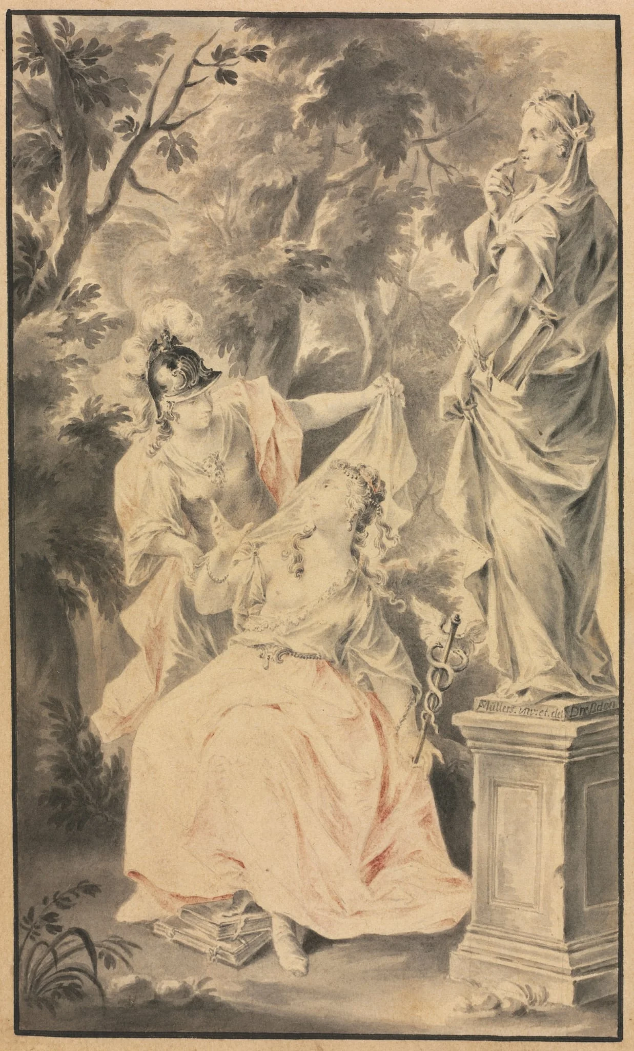 Allegorical Scene: Couple before a Statue, by F. Müller, 1704