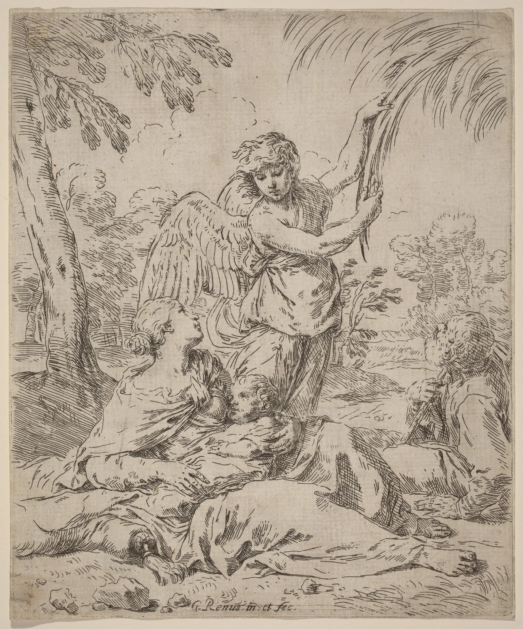 The Rest on the Flight into Egypt, by Simone Cantarini, ink, 1630