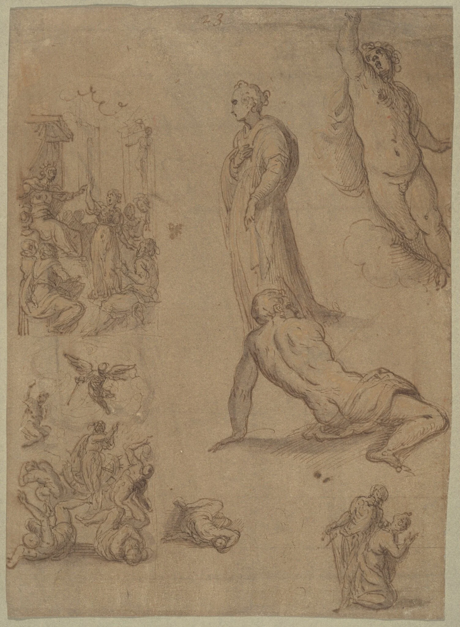 A Sheet of Studies for the Martyrdom of Saint Catherine of Alexandria, by Jacopo Palma il Giovane, ink, 1501