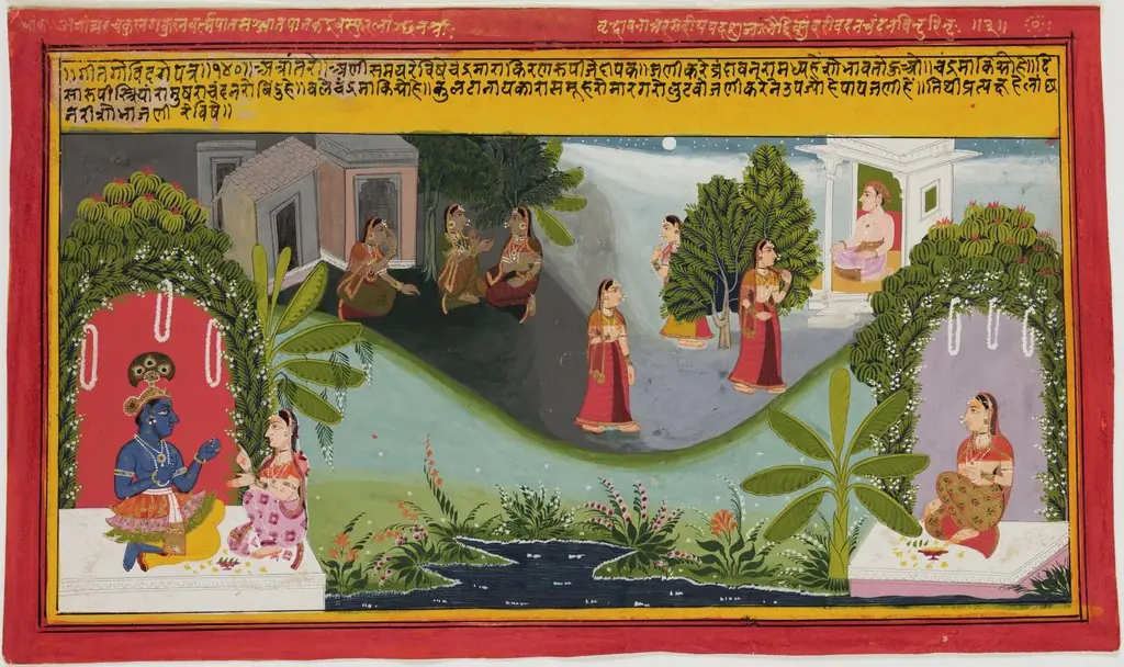 Radha's Attendant Converses with Krishna and Woman Travels By Moonlight to Meet her Lover (page from the Gita Govinda)