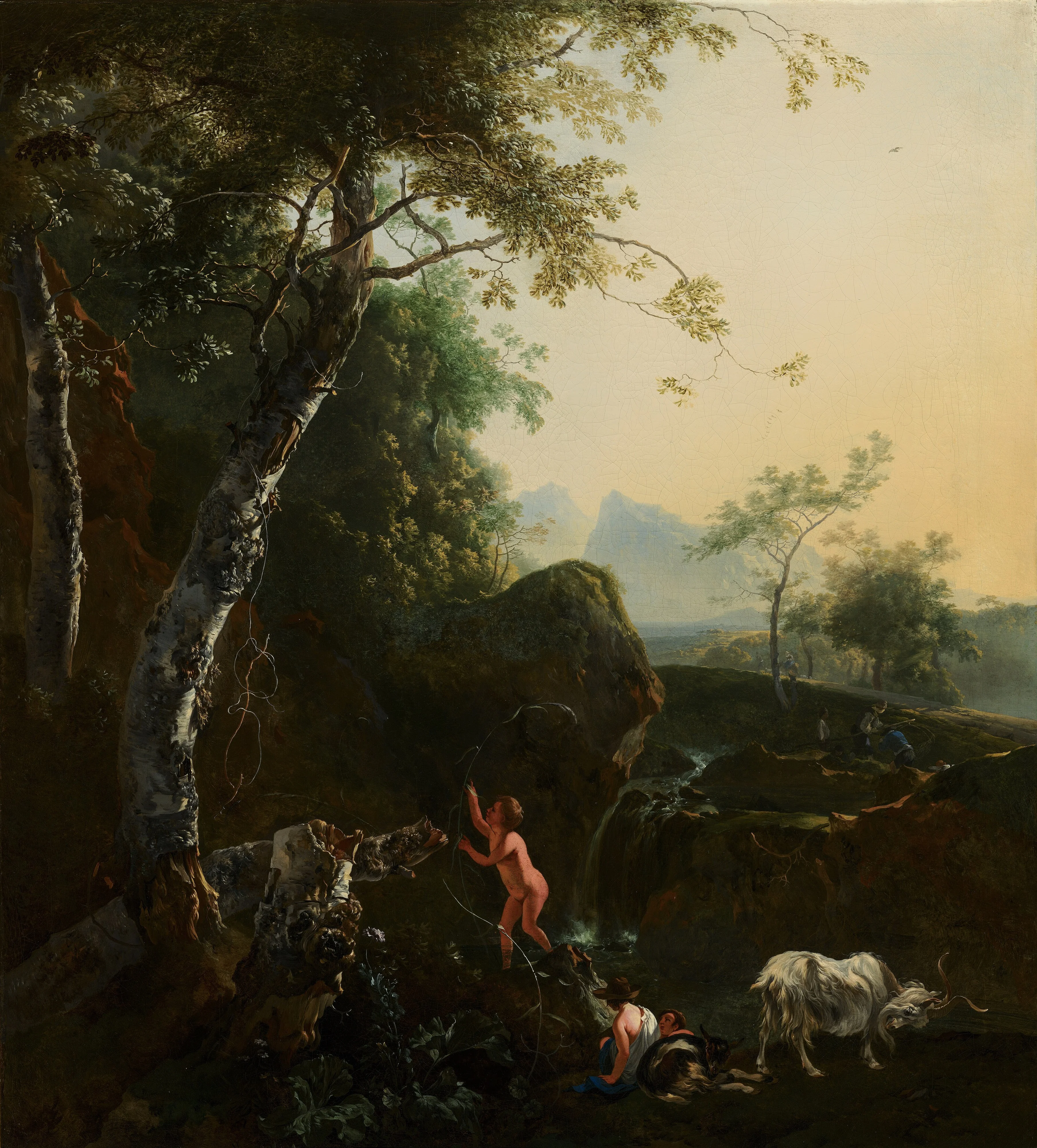 Mountainous Landscape with Waterfall, by Adam Pynacker, oil, 1667