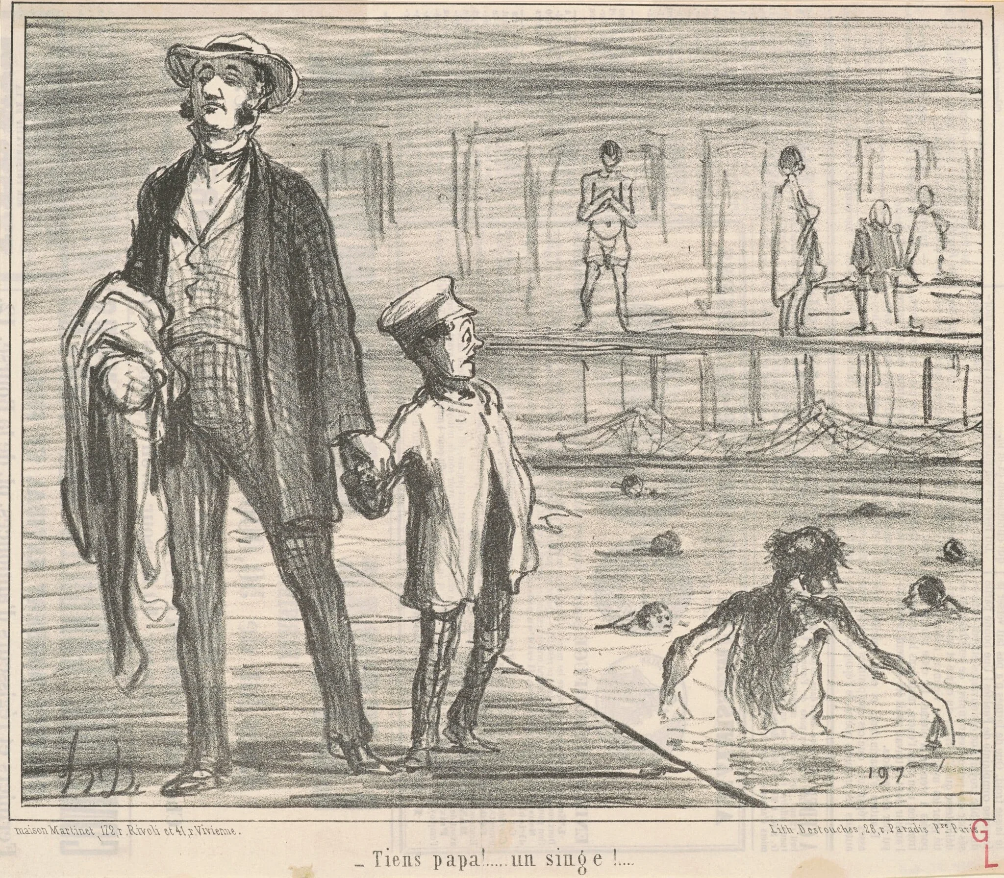 Tiens papa! ... un singe! ..., by Honoré Daumier, ink, 1858