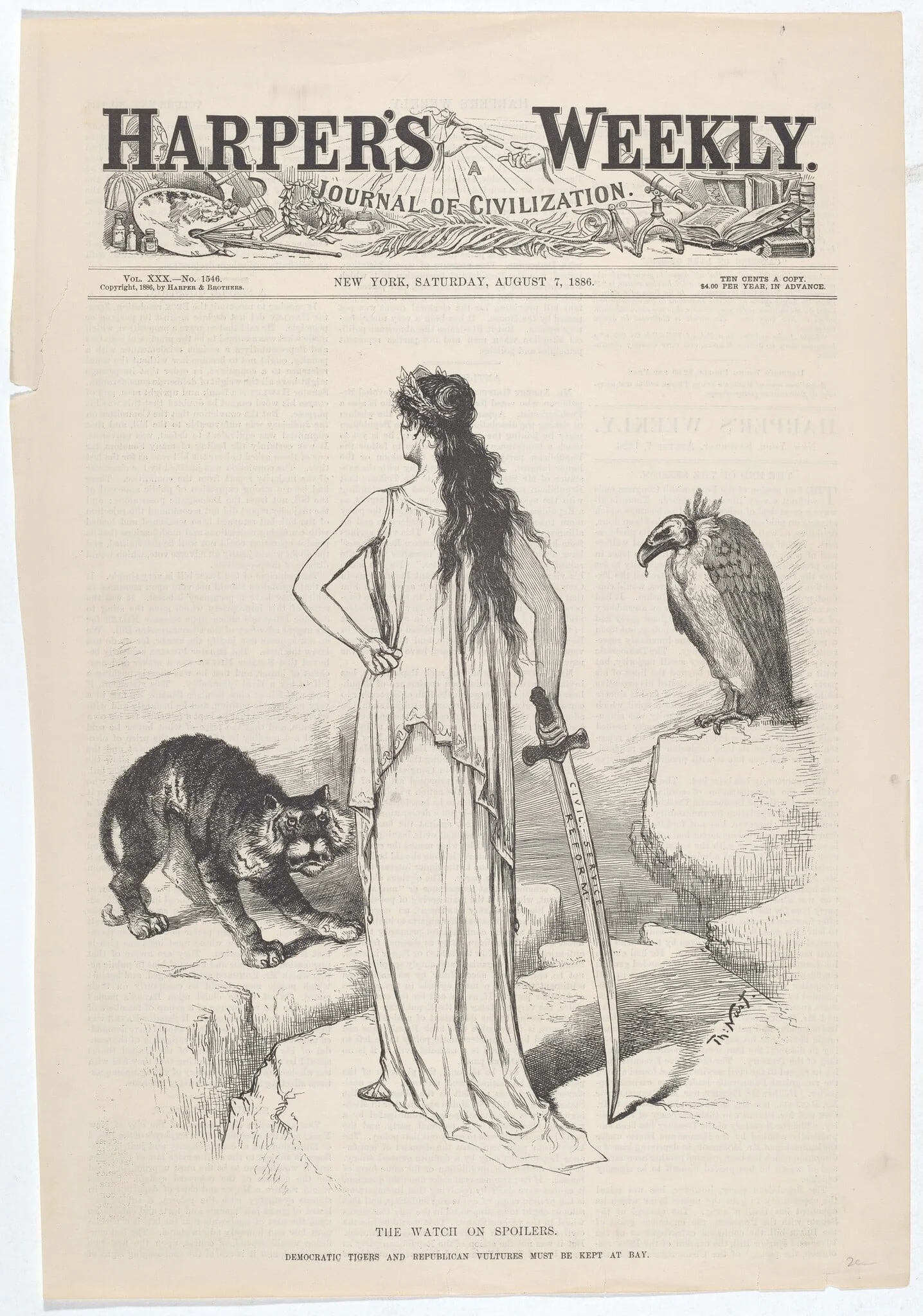 The Watch on Spoilers. The Democratic Tigers and Republian Vultures Must Be Kept at Bay., by Thomas Nast, ink, 1886