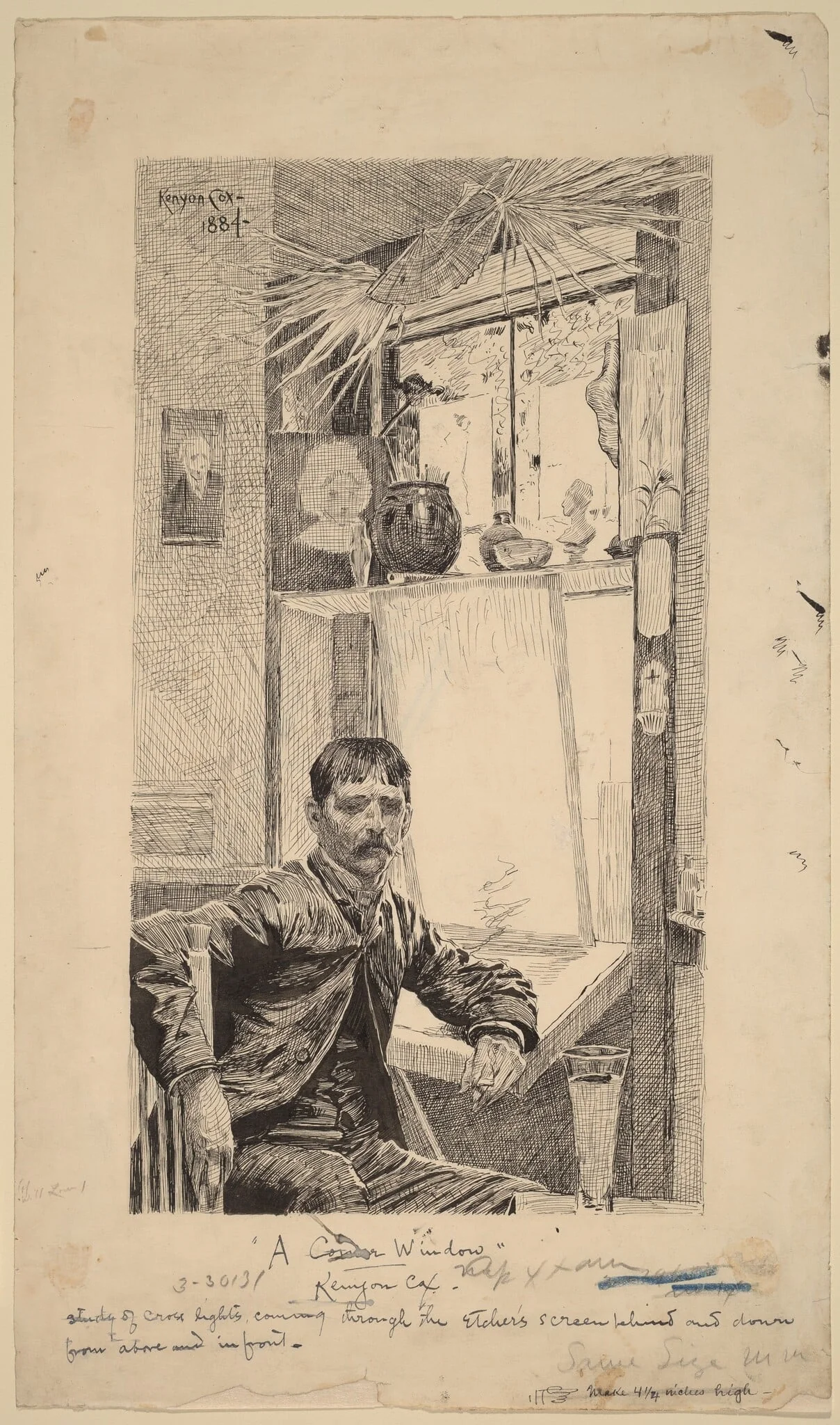 A Corner Window, Will Low, by Kenyon Cox, ink, 1884