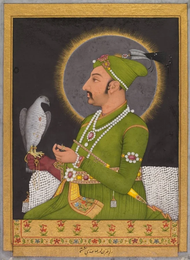 Posthumous portrait of the Mughal emperor Muhammad Shah (reigned 1719–1748) holding a falcon (recto), by Muhammad Rizavi Hindi, unspecified, 1764