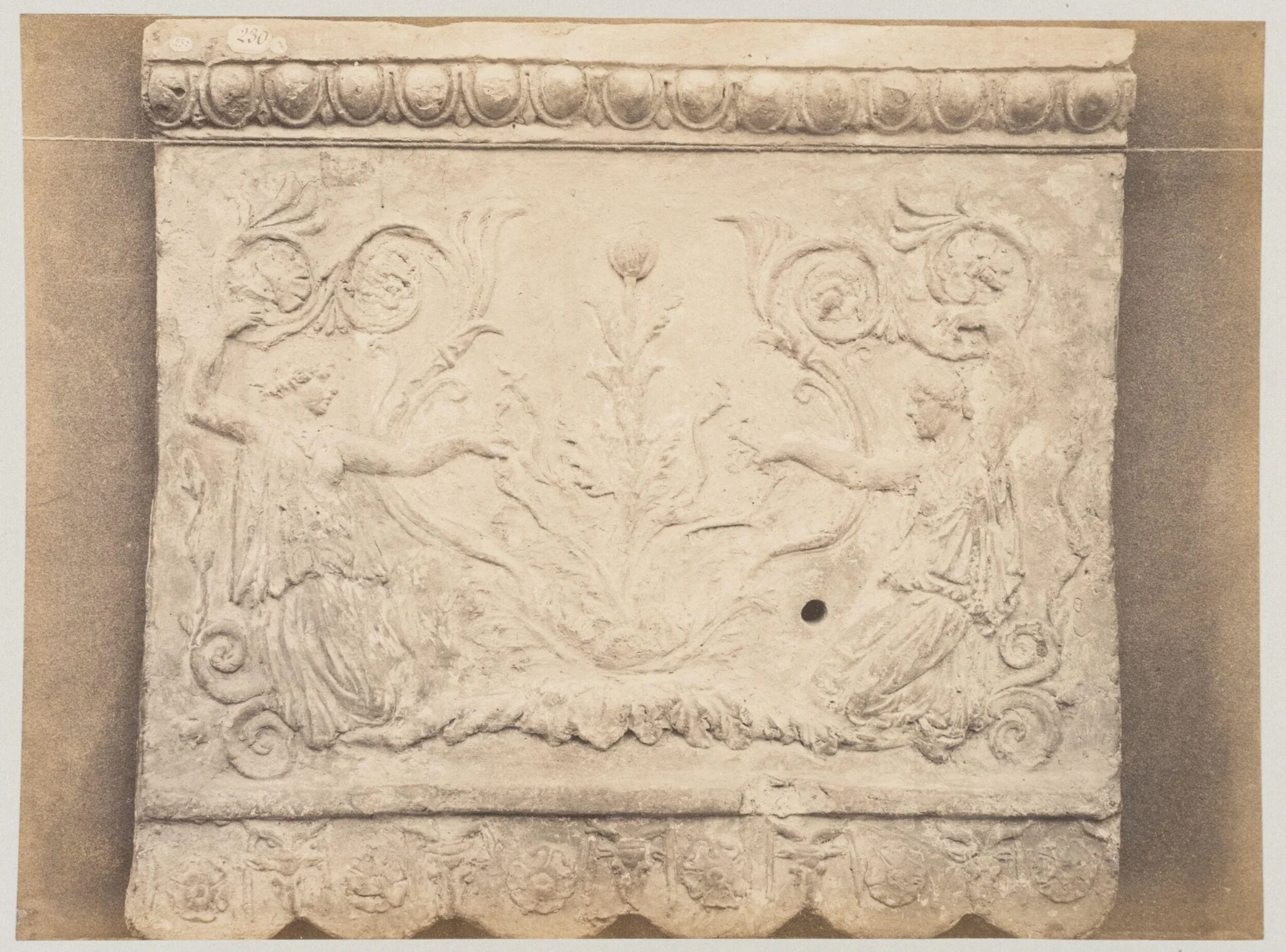 Bas-relief portion of frieze of nymphs with scrollwork in terra cotta, by Louise Laffon, photographic, 1864