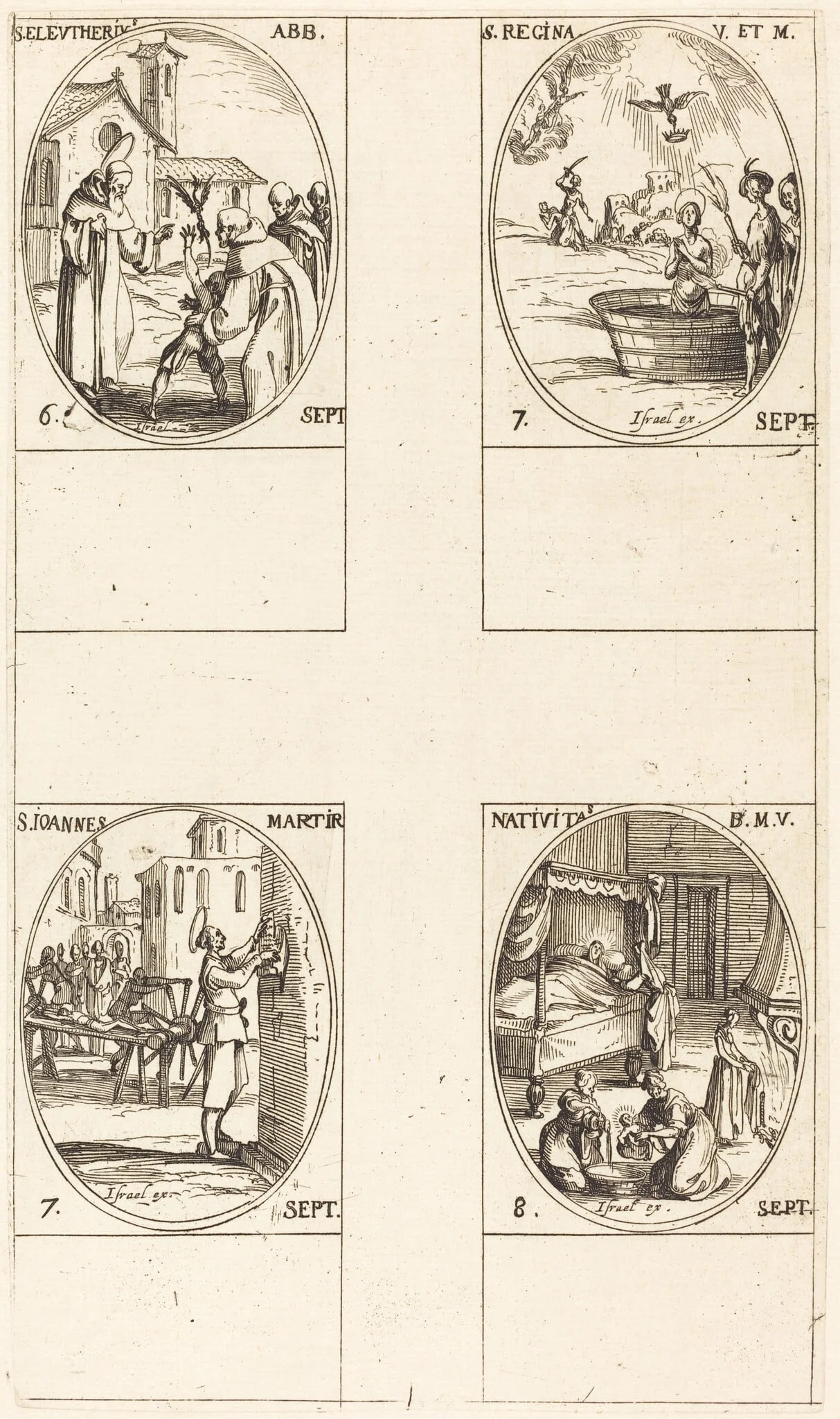 St. Eleutherius, Abbot; St. Regina; St. John; The Nativity of the Virgin, by Jacques Callot, ink, 1634