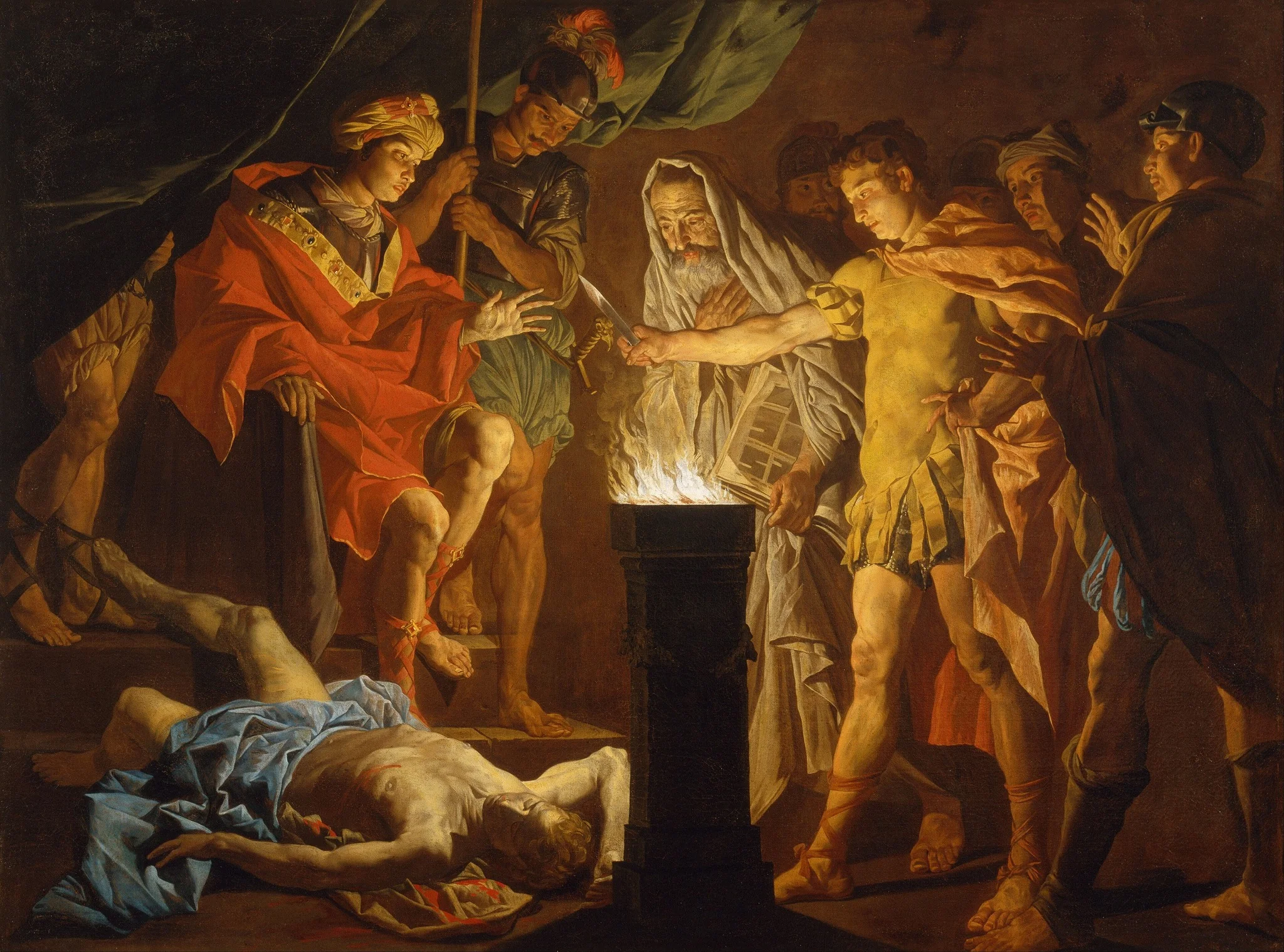 Mucius Scaevola in the presence of Lars Porsenna, by Matthias Stom, oil, 1640