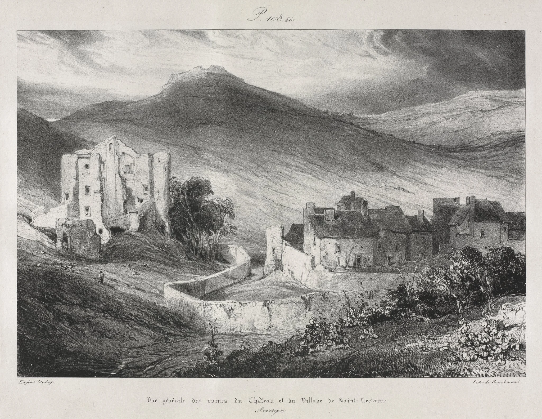 Voyages pittoresques et romantiques dans l'ancienne France, Auvergne:  Ruines du château et du village de Saint Nectaire, by Eugène Isabey, 1831