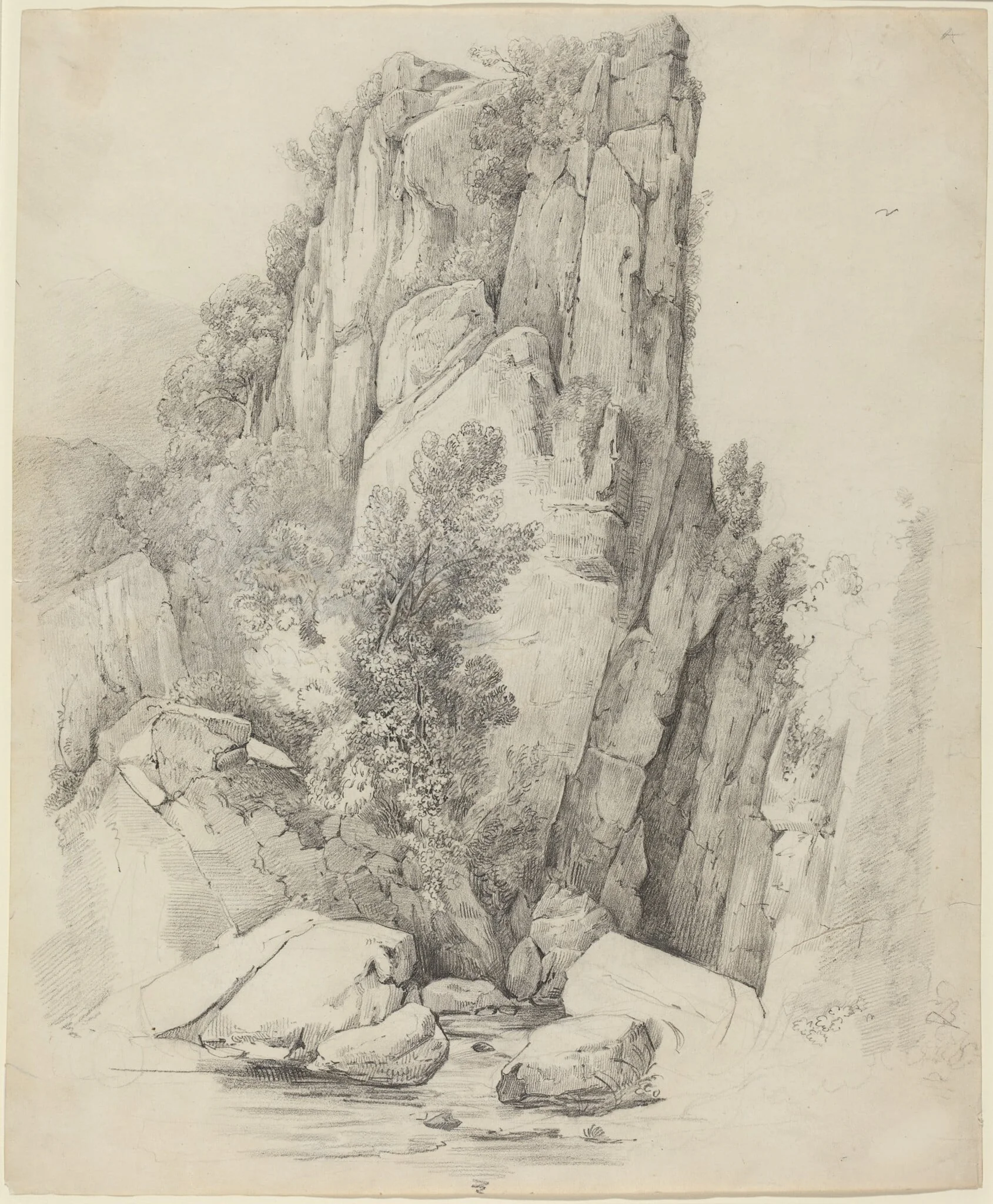 Rock Cliffs above a Stream, by Johann Christoph Erhard, graphite, 1818