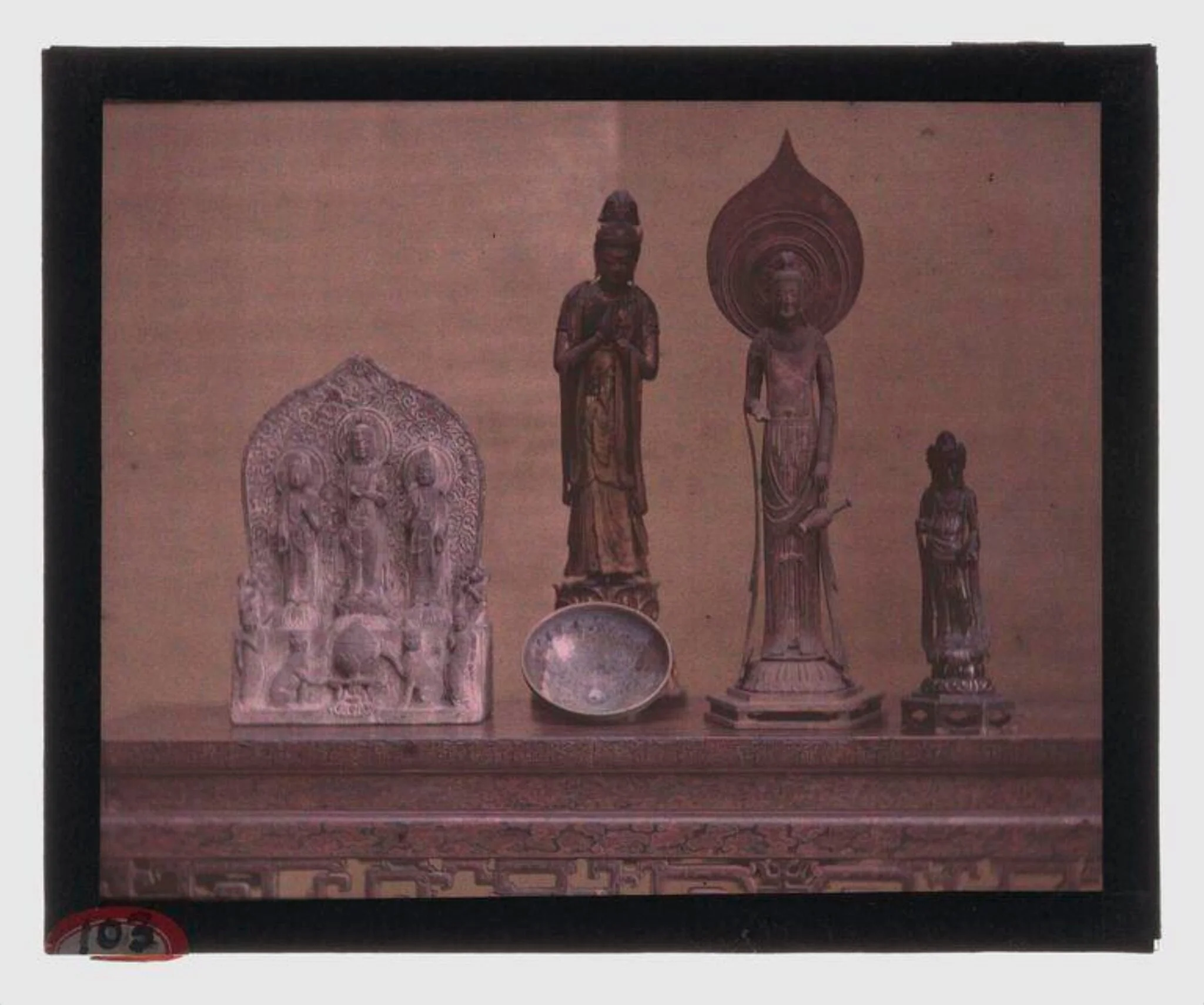 'Stele with Buddhist triad', China, 581-618 or later, 'Bodhisattva', Japan, 'Bowl', (origins unknown), 'Figure of Avalokiteshvara', Japanese, after statue in Horyuji Temple, early 20th century, 'Bodhisattva Avalokiteshvara (Kannon)', Japan, late 8th century, from the Charles Lang Freer Collection