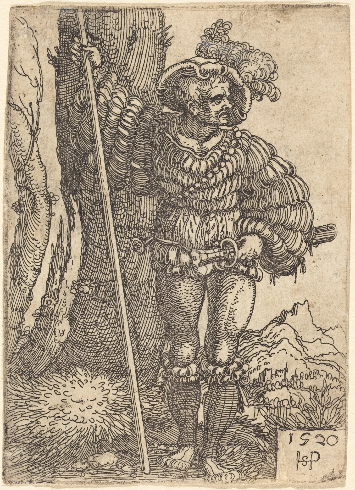 Foot Soldier Standing by a Tree, by Sebald Beham, ink, 1520