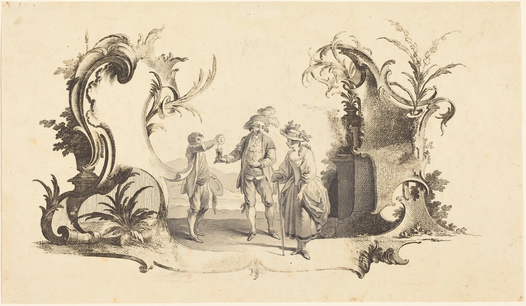 Cartouche Moderne with a Young Couple Being Served Wine, by Johann Esaias Nilson, chalk, 1754