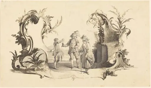 Cartouche Moderne with a Young Couple Being Served Wine