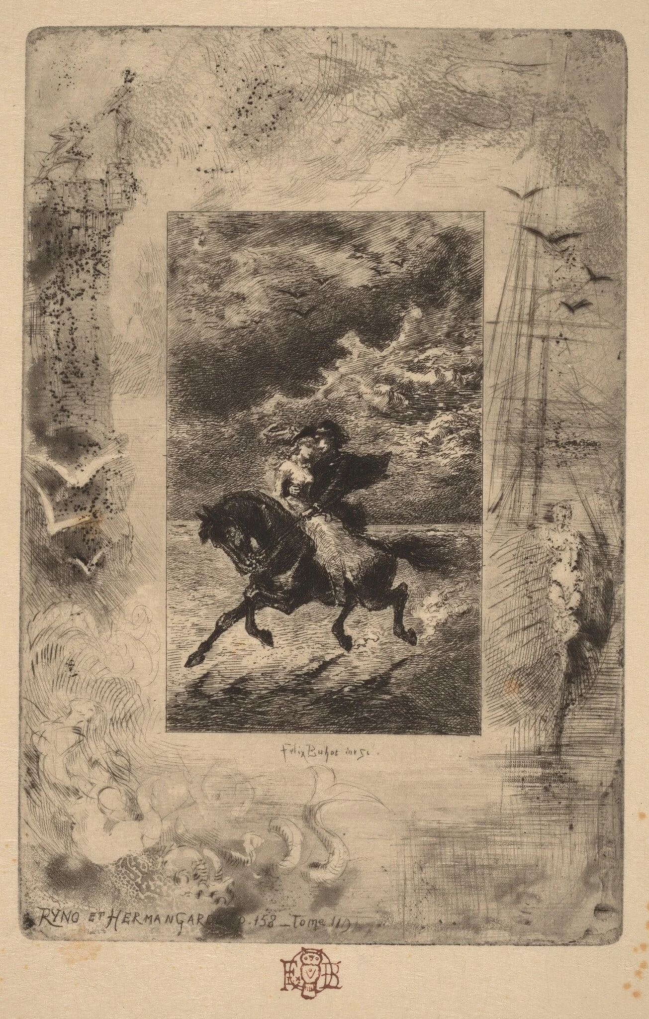 Ryno et Hermangarde (Ryno and Hermangarde), by Félix-Hilaire Buhot, ink, 1847