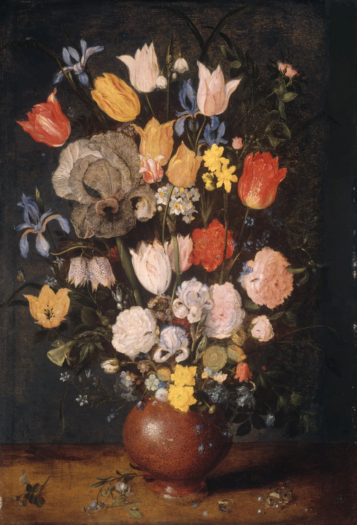 Bouquet of Flowers in an Earthenware Vase, by Jan Brueghel, the elder, oil, 1610