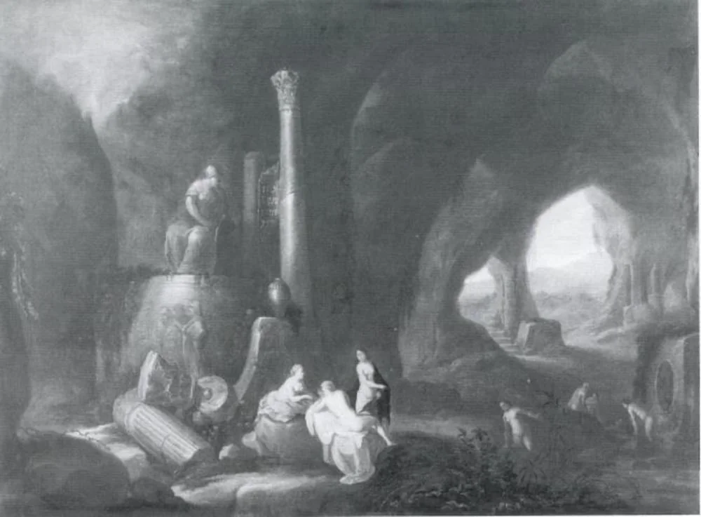 Nymphs in a Cave with Antique Ruins, by Unknown, oil, 1689