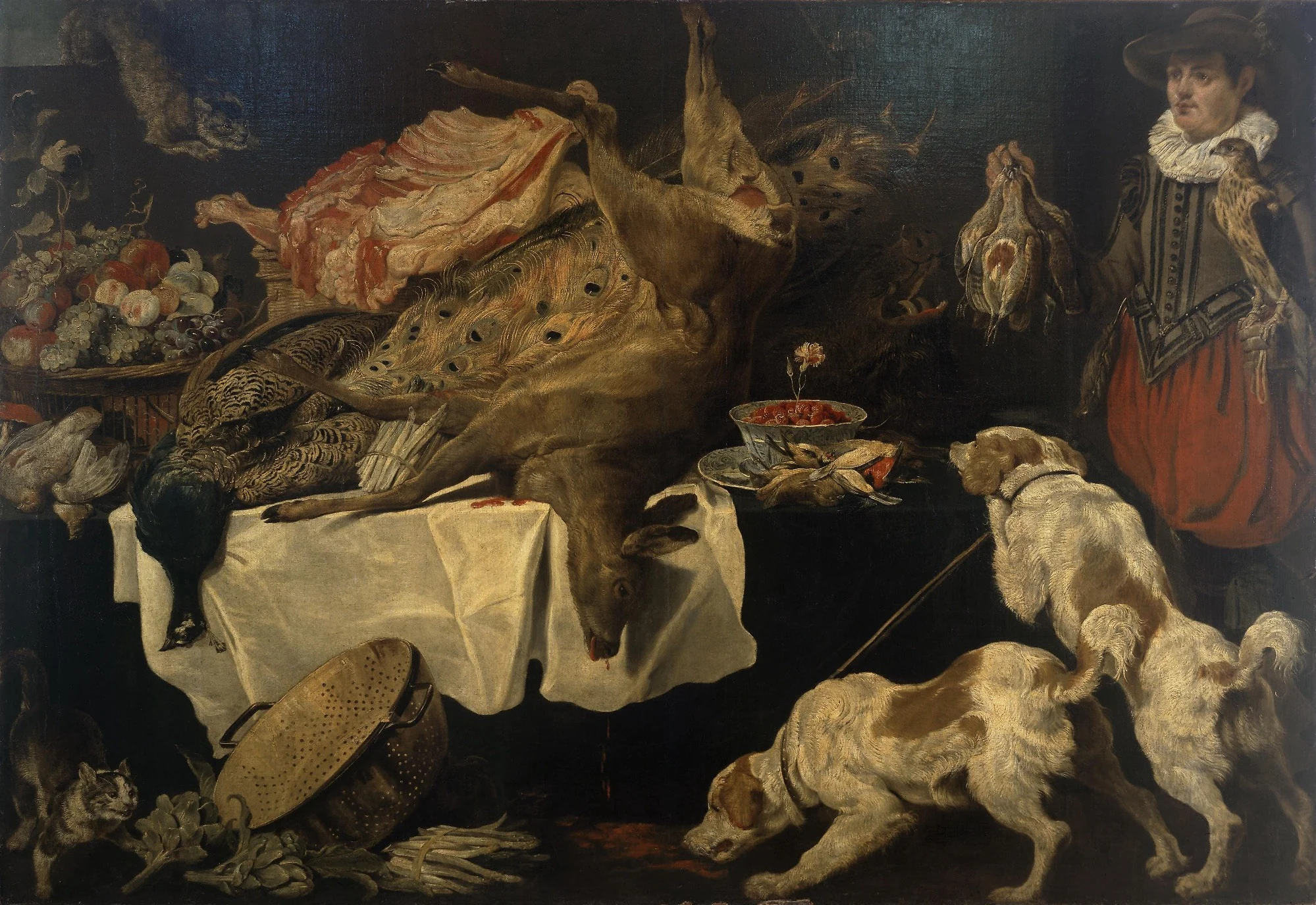 Hunter and Dogs by a Table with Dead Game and Fruit, by Paul de Vos, oil, 1642
