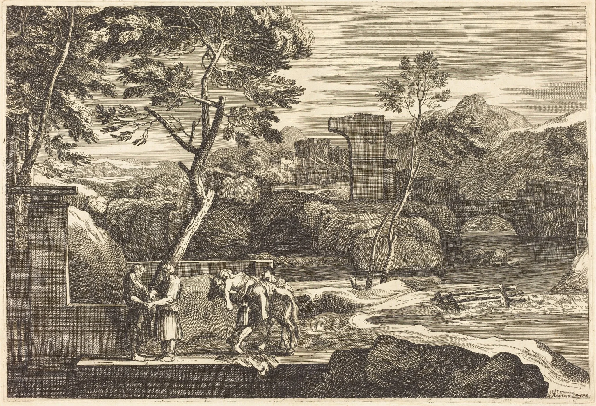 The Samaritan Takes the Man to an Inn, by Sébastien Bourdon, ink, 1644