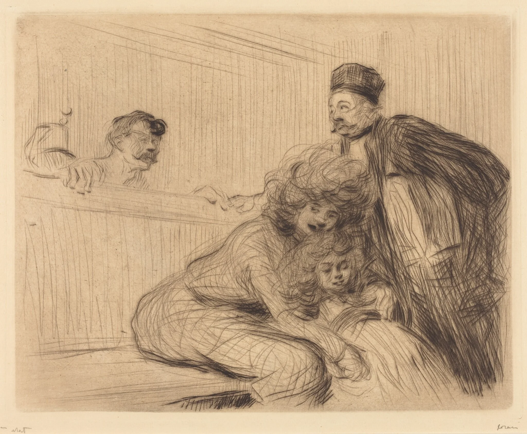 L'avocat parlant au prévenu (1ère planche) (The Lawyer Talking to the Prisoner) (first plate), by Jean-Louis Forain, ink, 1909