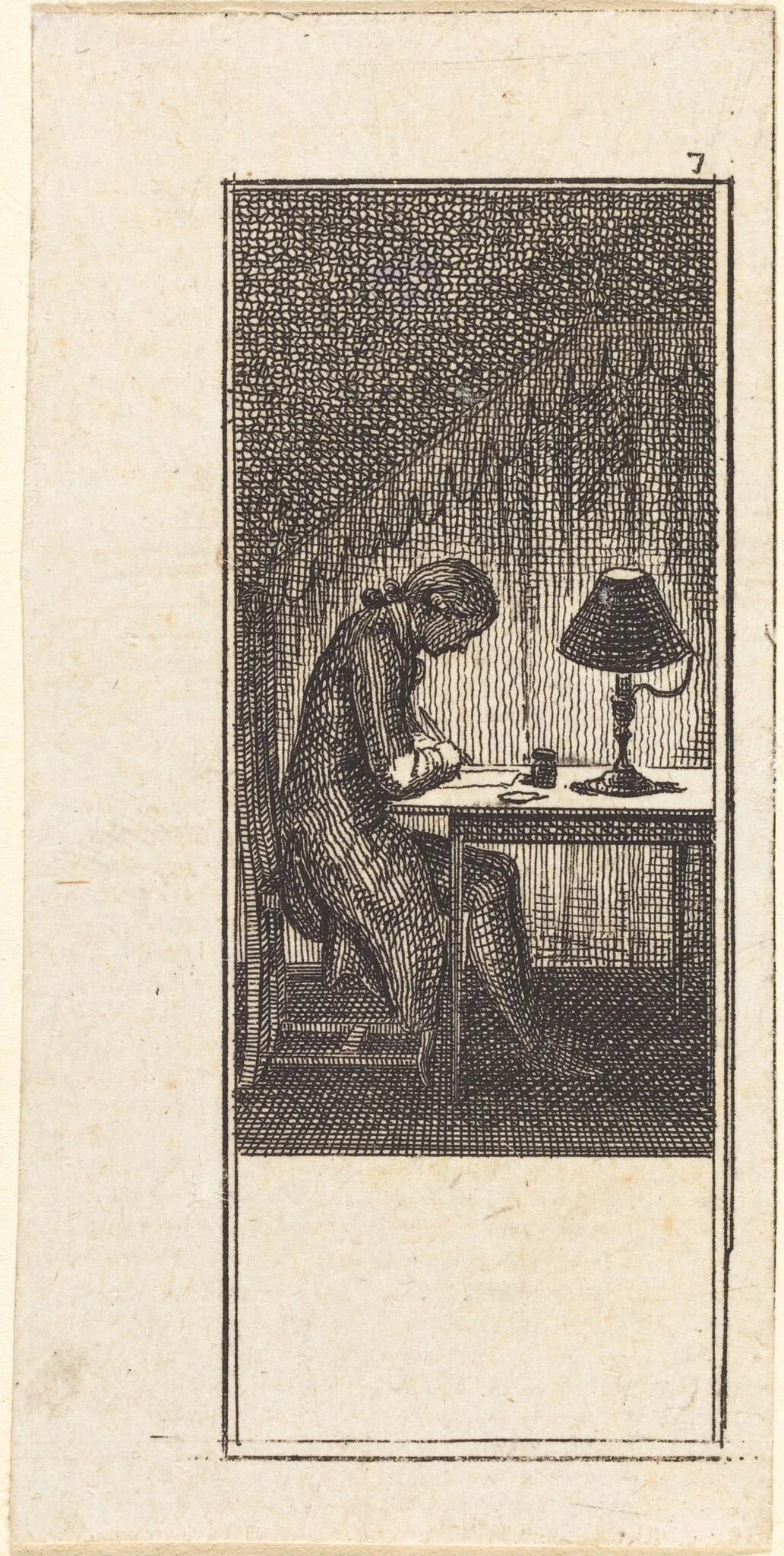Young Man Writing by Lamplight, by Daniel Nikolaus Chodowiecki, ink, 1784