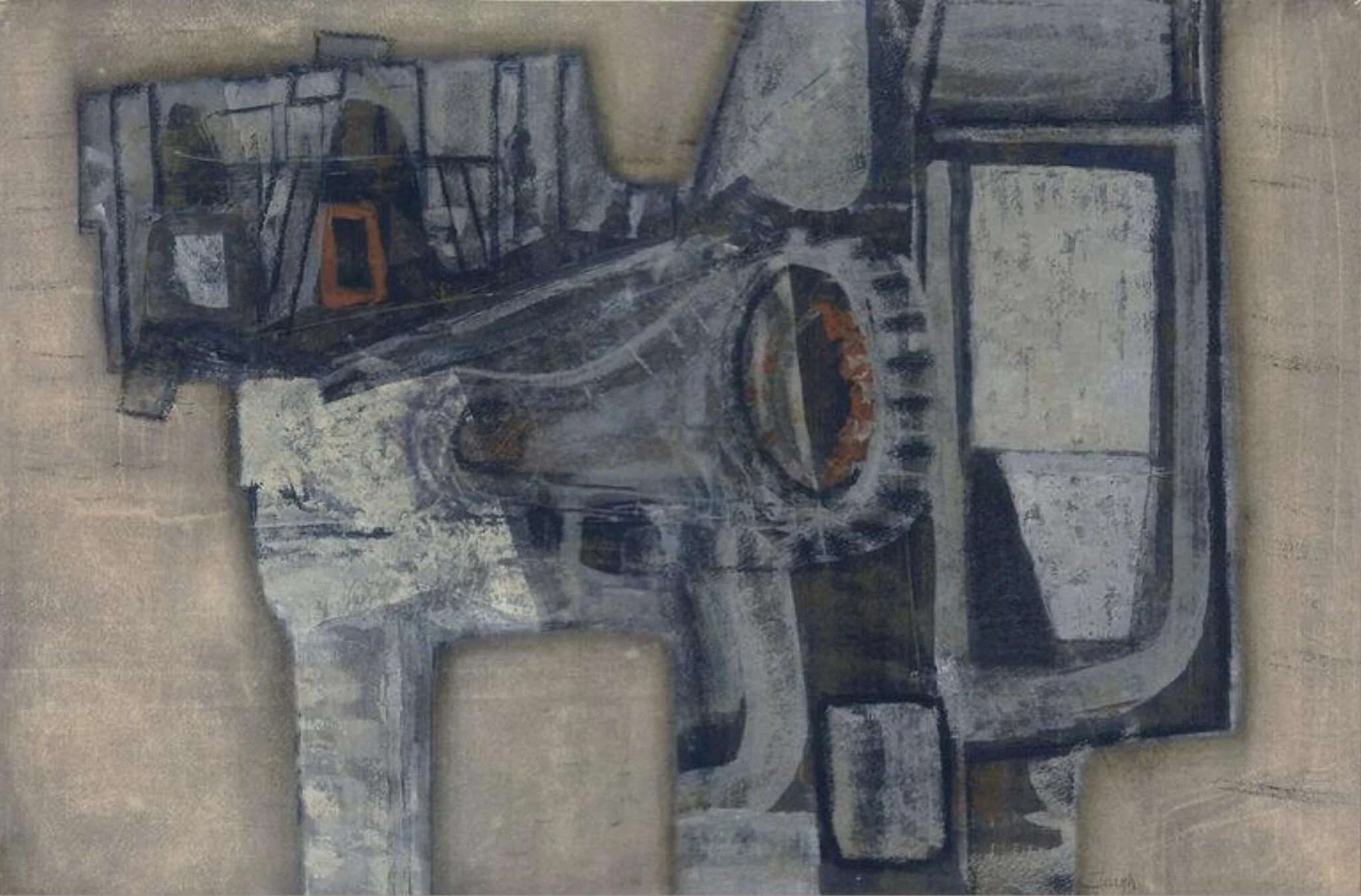 Machine in Sandpit, by Prunella Clough, watercolor, 1950