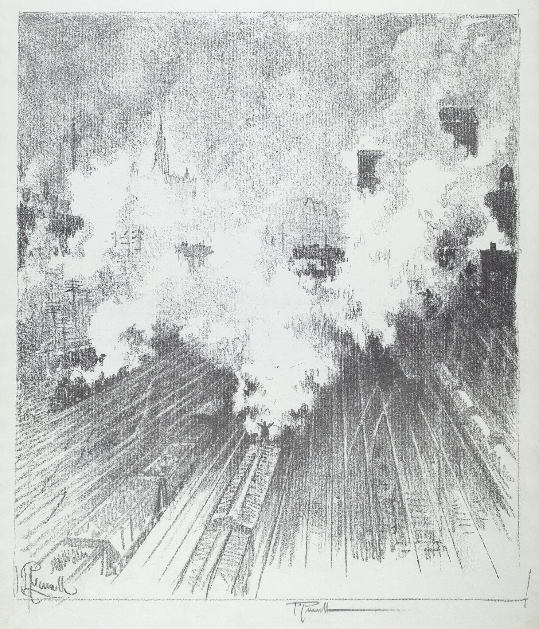 Train Yard, St. Louis, by Joseph Pennell, ink, 1919