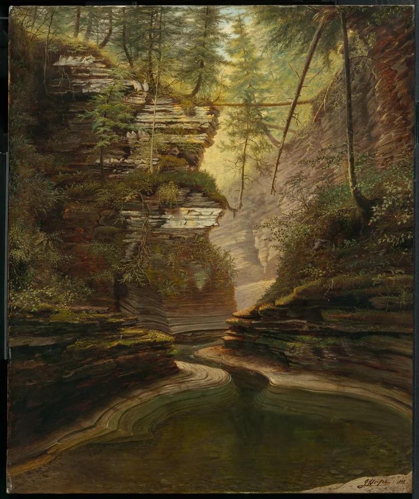 Frowning Cliff, Watkins Glen, New York, by James Hope, oil, 1872