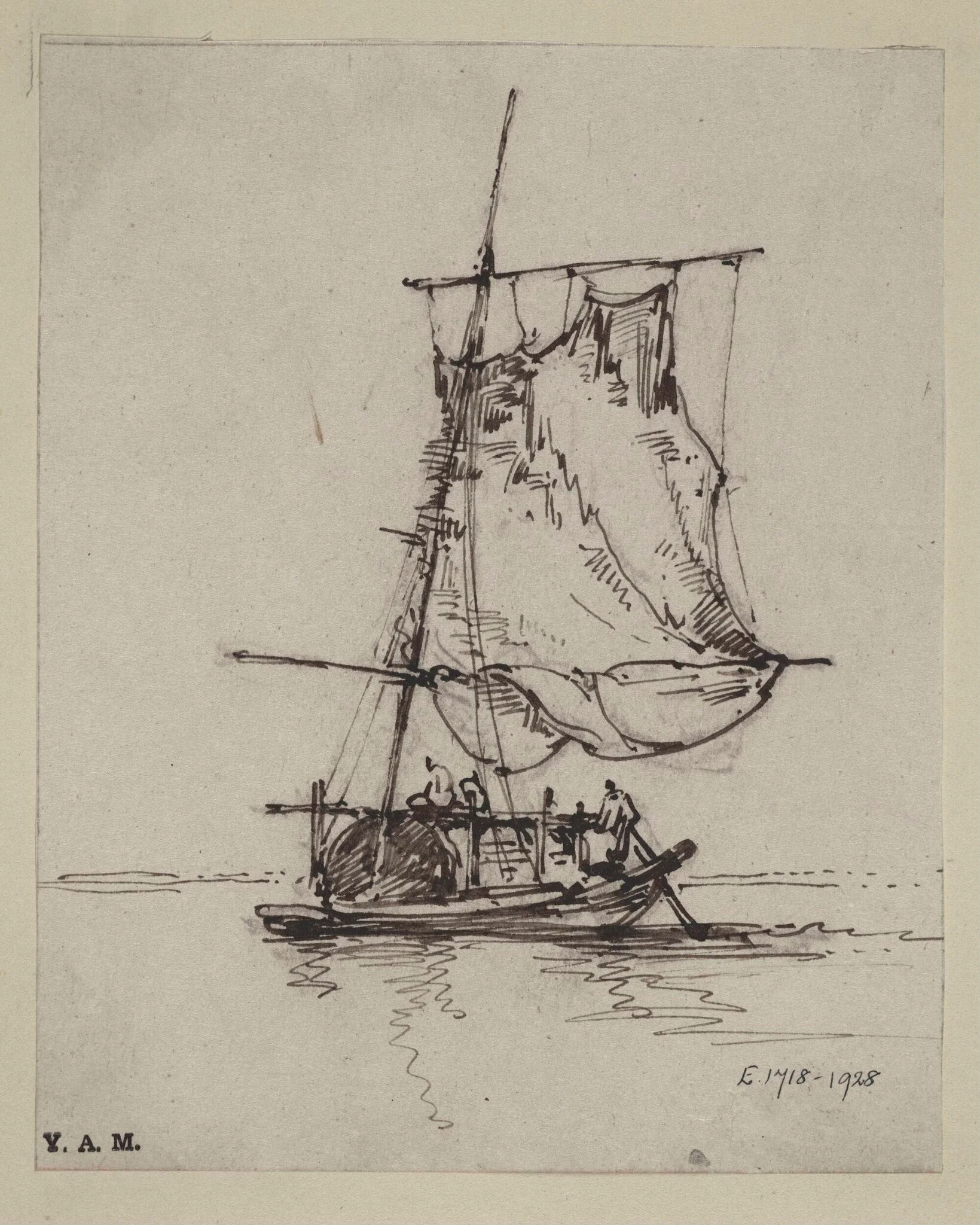 A drawing by George Chinnery of a Tanka boat with a large sail or net raised