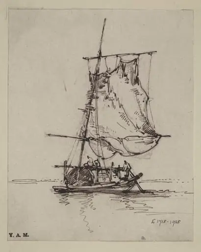 A drawing by George Chinnery of a Tanka boat with a large sail or net raised