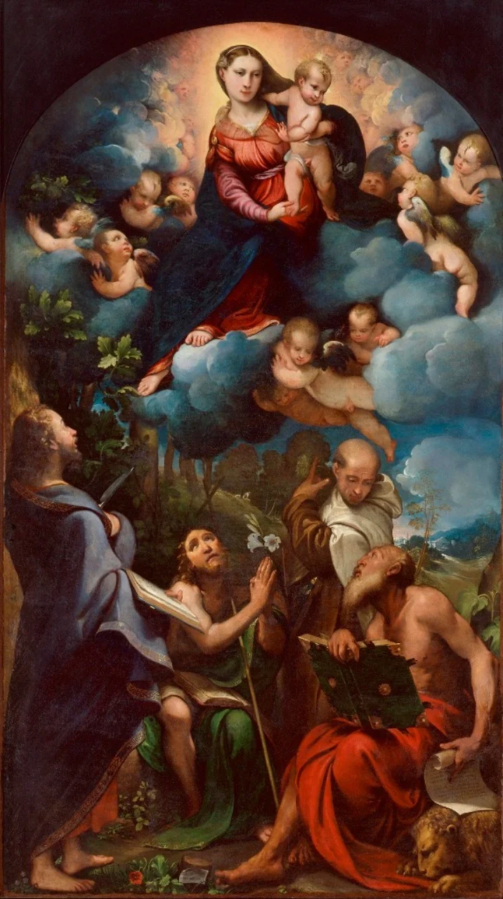 Virgin and Child in Glory with St. Bartholomew, St. John the Baptist, St. Albert and St. Jerome, by Camillo Boccaccino, oil, 1536