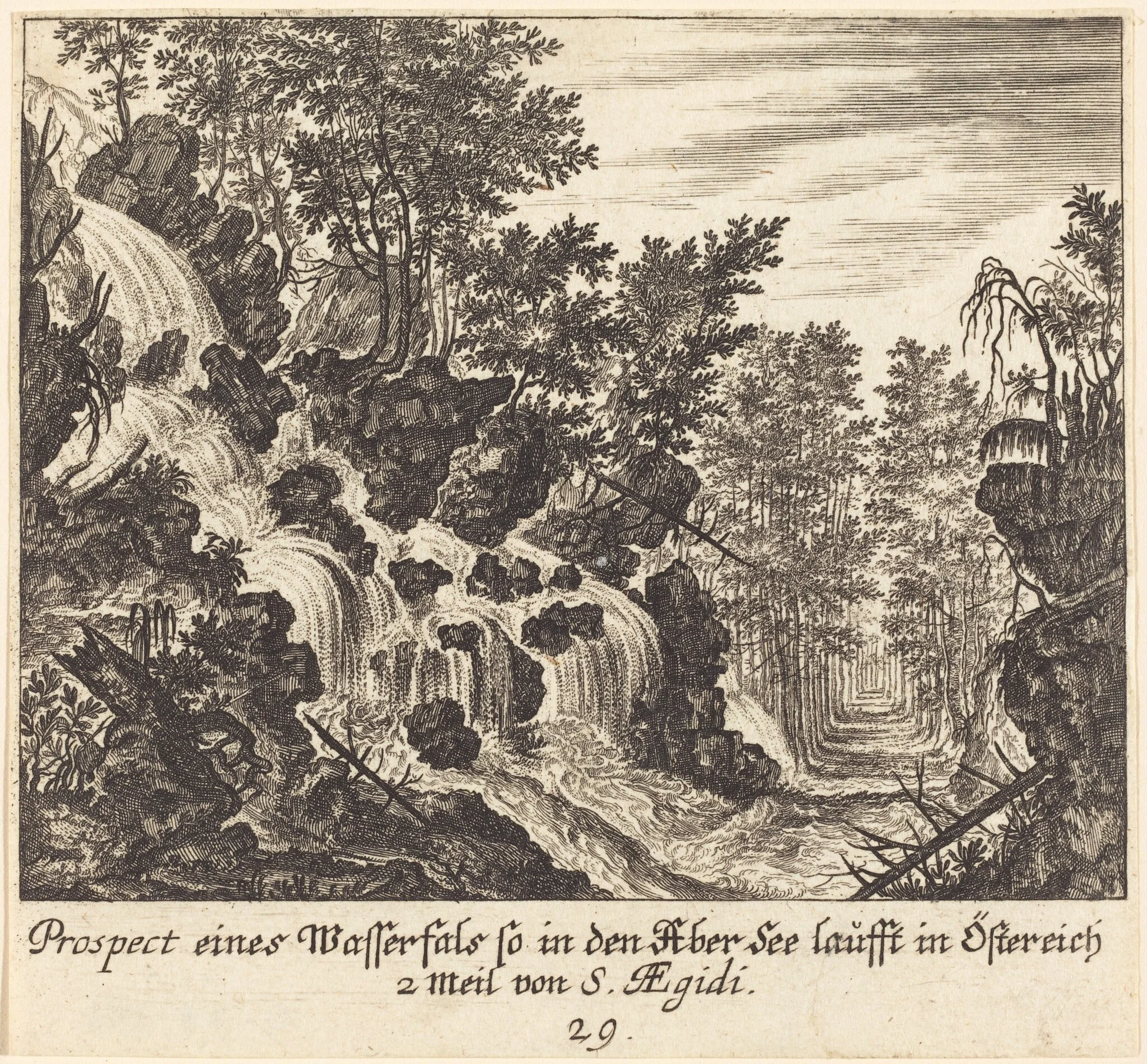 View of a Waterfall, Austria, by Melchior Küsel, ink, 1681
