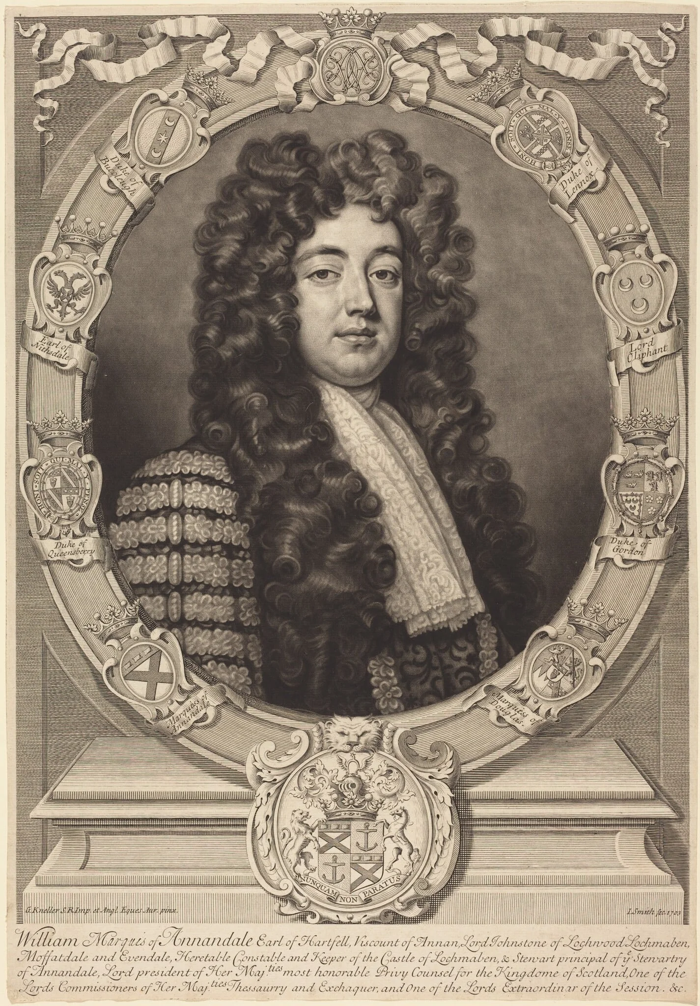 William Johnston, Marquess of Annandale, by John Smith, ink, 1702
