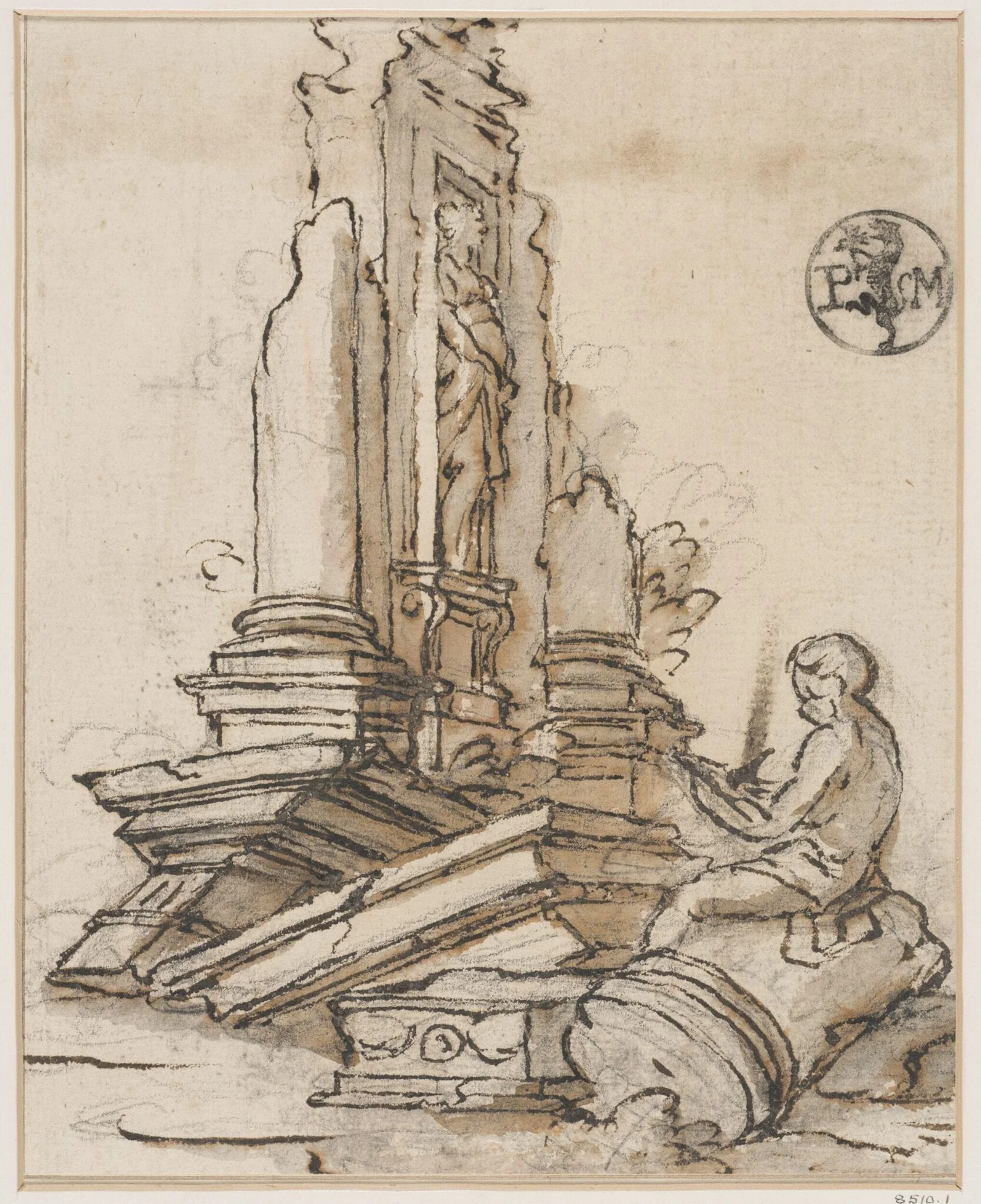 A boy writing or drawing, seated on a fallen column before a ruined niche containing a sculptured figure of a woman, by Gennaro Landi, 1750