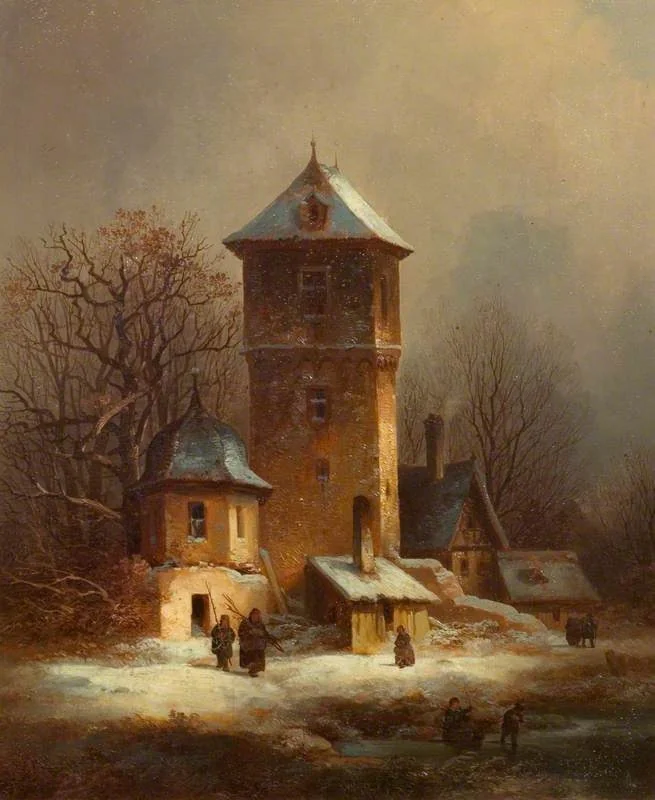 Snow Scene with Buildings and a Tower, by Theodor Verhas, unspecified, 1851