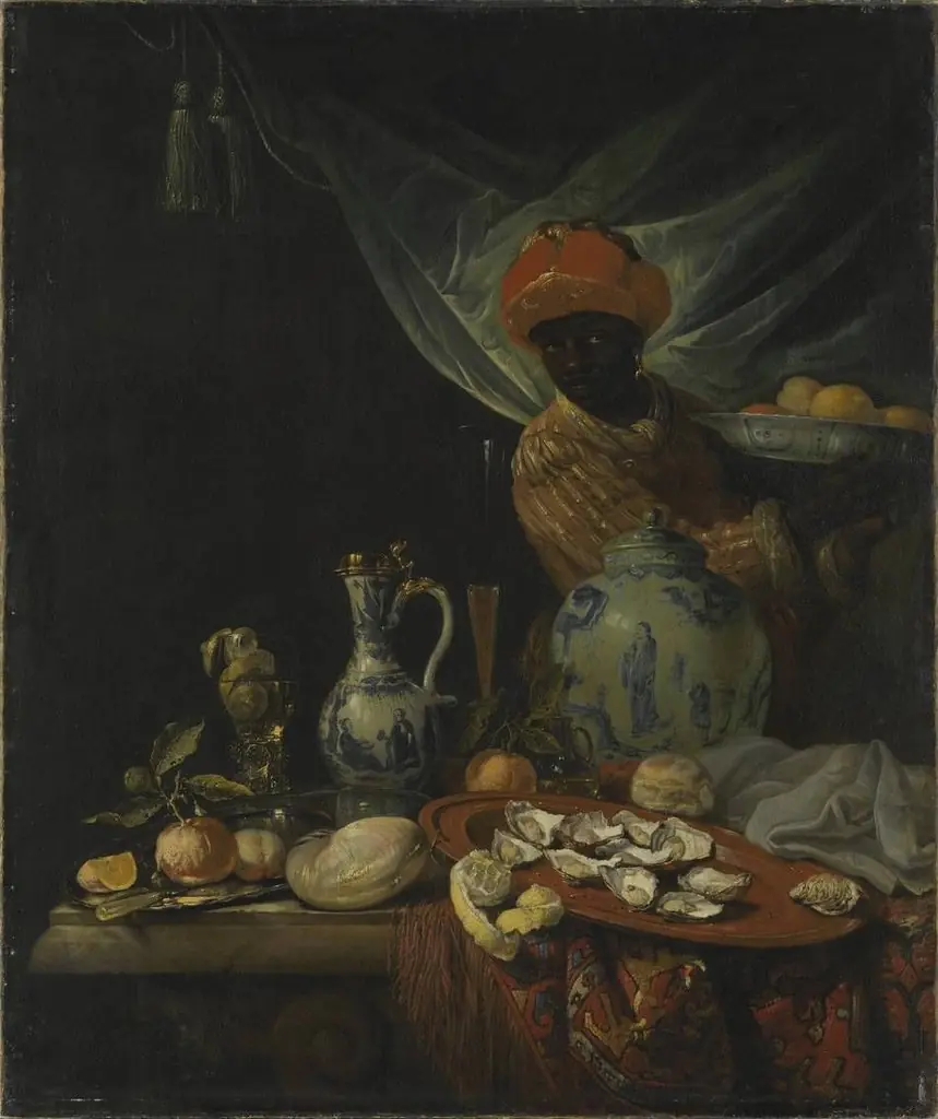 Still life with porcelain vessels and a servant