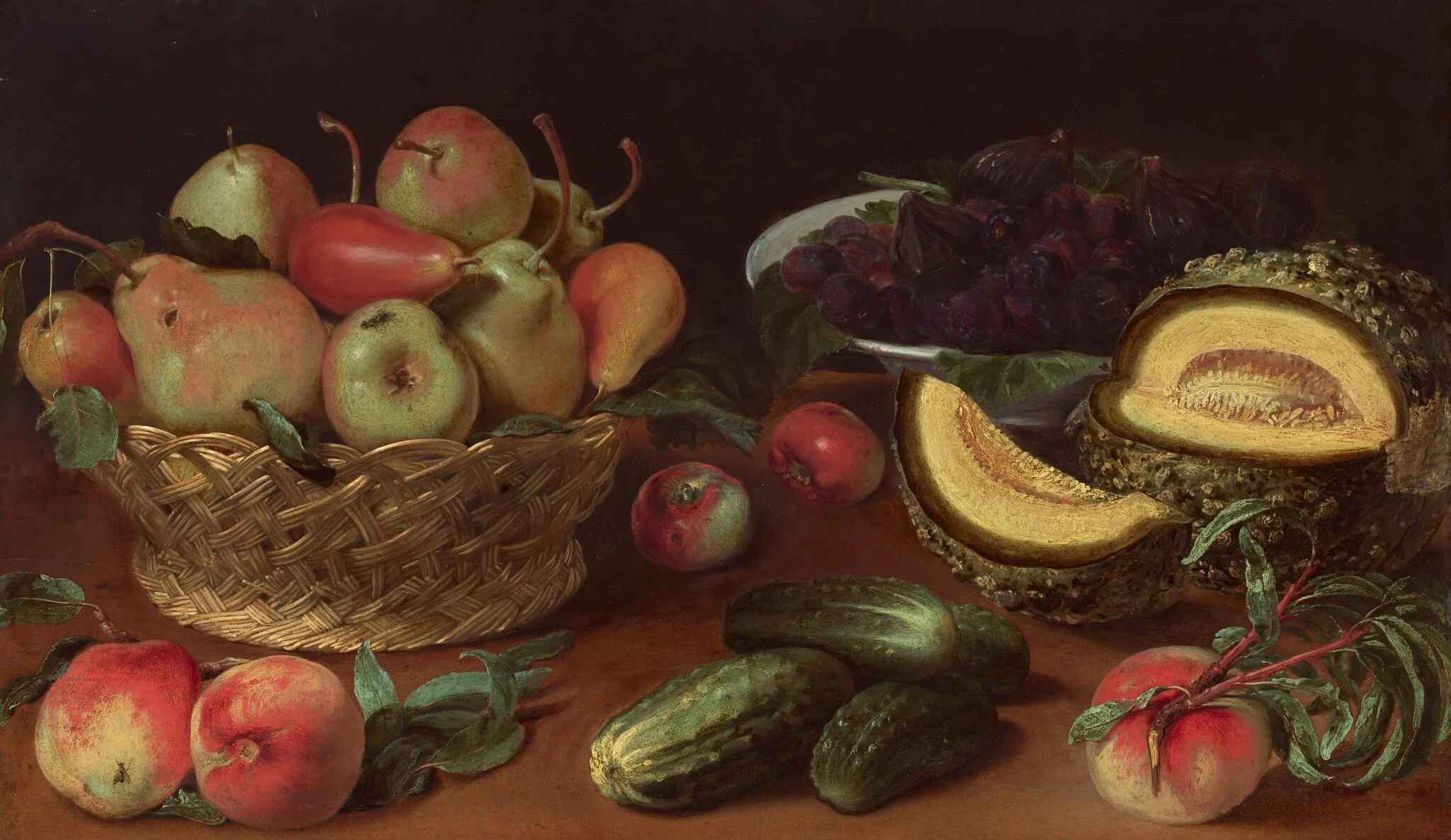 Still Life with Apples, Pears, Cucumbers, Figs, Plums, and a Melon, by Fede Galizia, oil, 1628