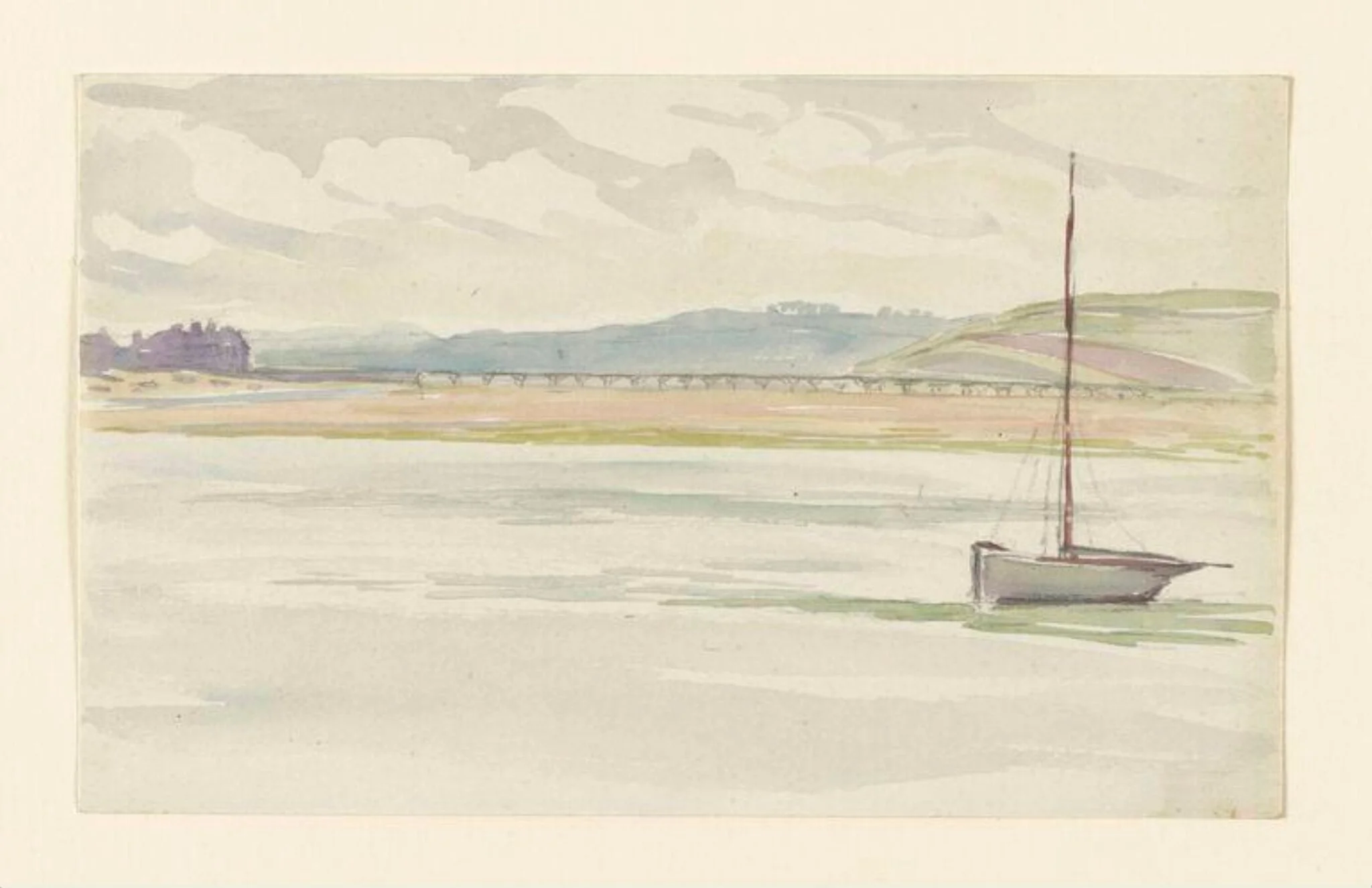 View of a bridge from across a river, with boat in foreground, by Beatrix Potter, watercolor, 1901