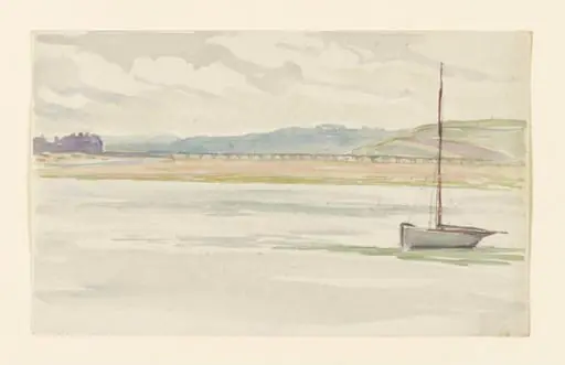 View of a bridge from across a river, with boat in foreground