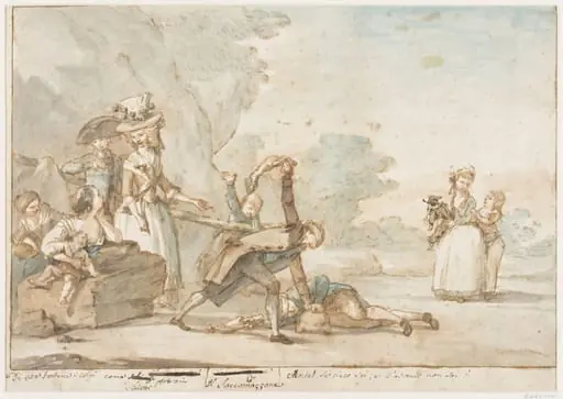 Two boys playing a variation of Blind Man's Buff